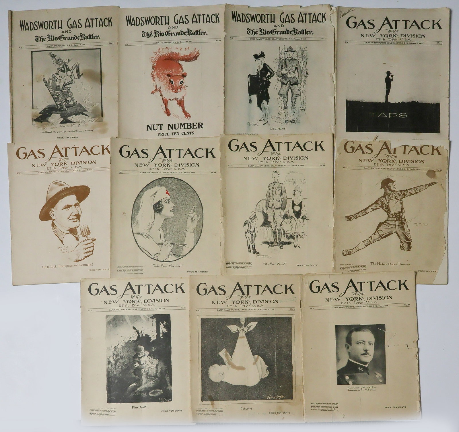 'GAS ATTACK' - U.S. 27TH INFANTRY NEWSLETTERS (11): Good lot of 11 issues of 'Gas Attack', each about 40pp. sm. folio, staple bound, all war-dated and in generally good to very good condition. 'Gas Attack' was a weekly newspaper published by the 27th