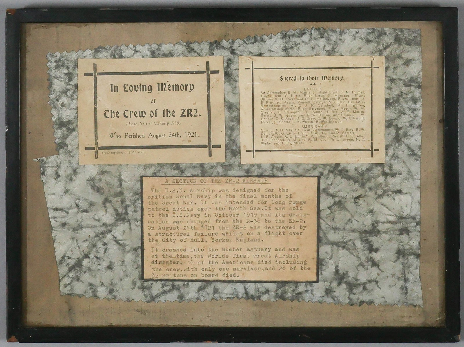CRASH OF R-38/ZR-2 AIRSHIP RELIC: A swath of fabric from the ill-fated U.S. Navy airship ZR-2 which crashed during a flight over the Humber Estuary on Aug. 24, 1921. Measuring approx. 9.5 x 7 in., the silver fabric is housed in a
