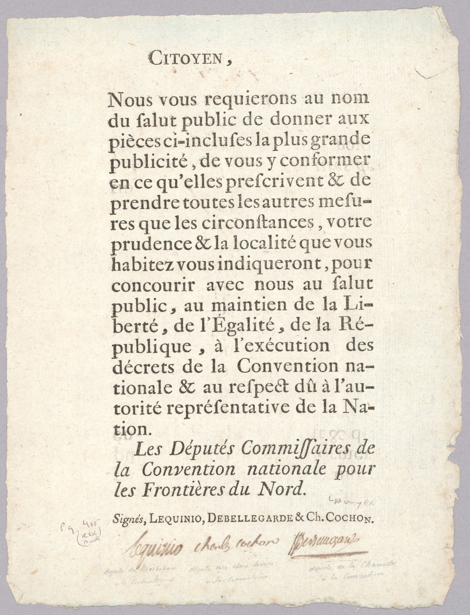 CHARLES COCHON DE LAPPARENT: (1750-1825) Minister of the Police who held important positions within the National Convention and participated in the fall of Robespierre on 9 Thermidor. Printed D.S. ‘Charles Cochon’,