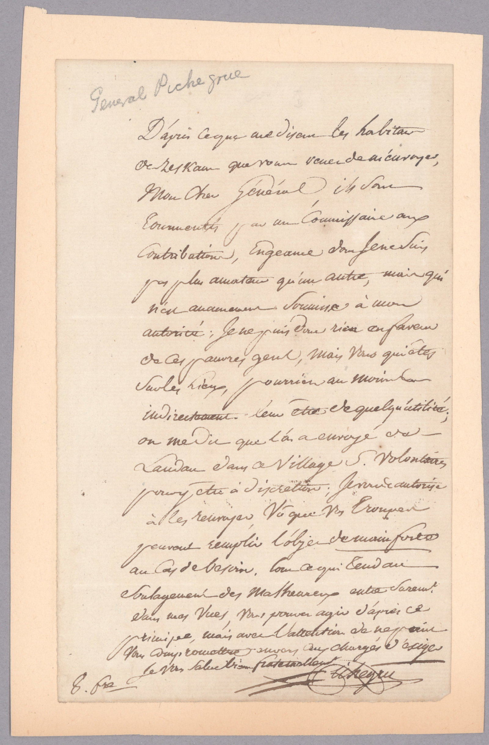CHARLES PICHEGRU: (1761 - 1804) General in the French Revolution and Napoleonic wars, involved in Cadoudal plot against Napoleon in 1803, and was murdered while awaiting trial in prison. Scarce A.L.S.