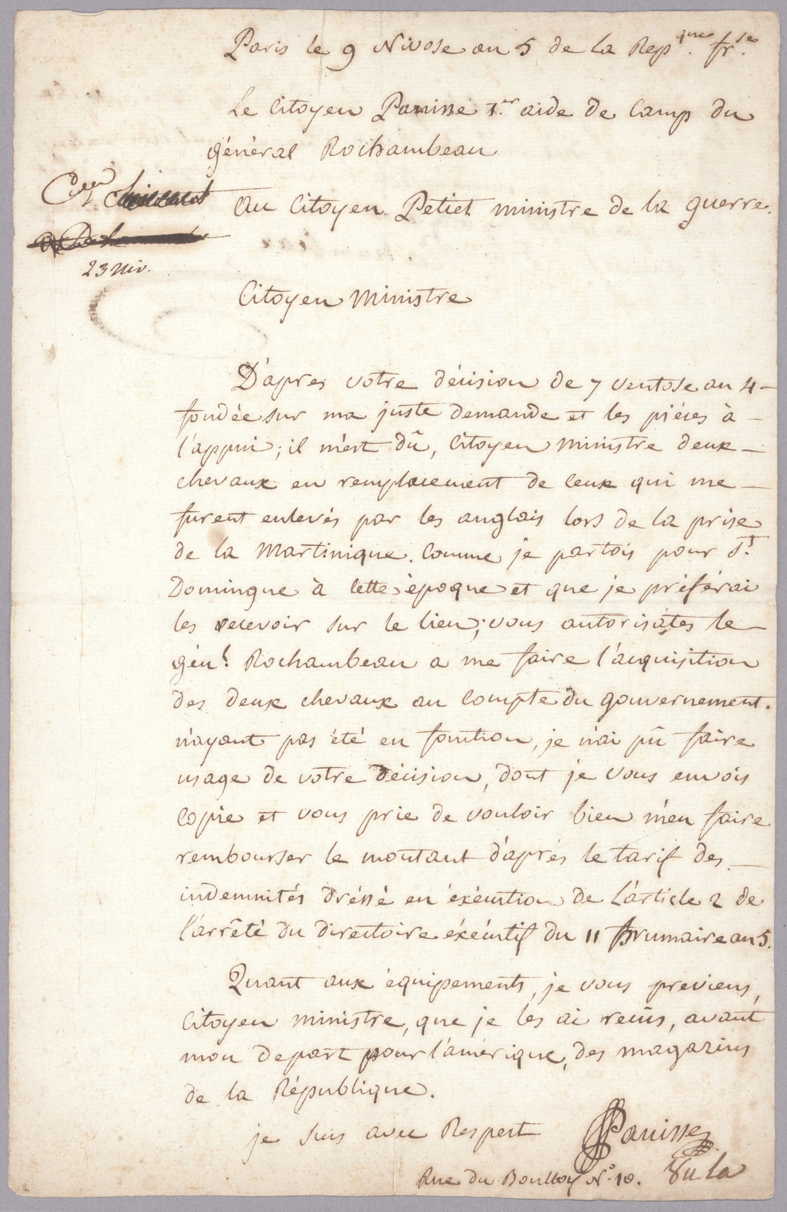 DONATIEN MARIE JOSEPH DE VIMEUR, VISCOMTE DE ROCHAMBEAU: (1755-1813) French military commander and the son of Jean-Baptiste Rochambeau, hero of the American Revolution, for whom he served as aide-de-camp in 1781-1782. Participated in the failed attempt to