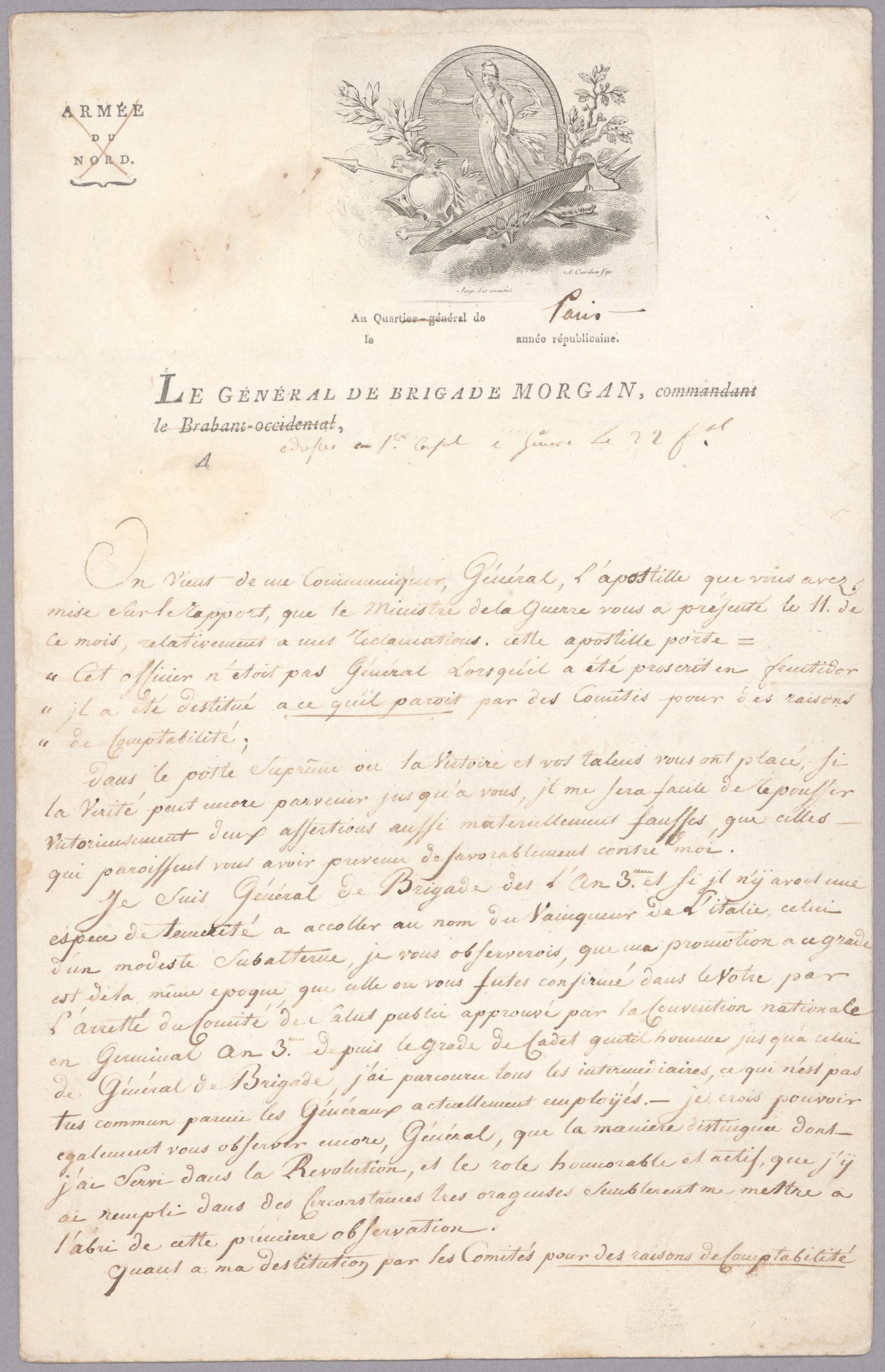 JACQUES-POLYCARPE MORGAN: (1759-1843) French general of cavalry of the Revolution and Second Empire. Headline: ‘Morgan seeks to rehabilitate his sullied reputation to Napoleon on the back of the 13 Vendemiaire Year IV up