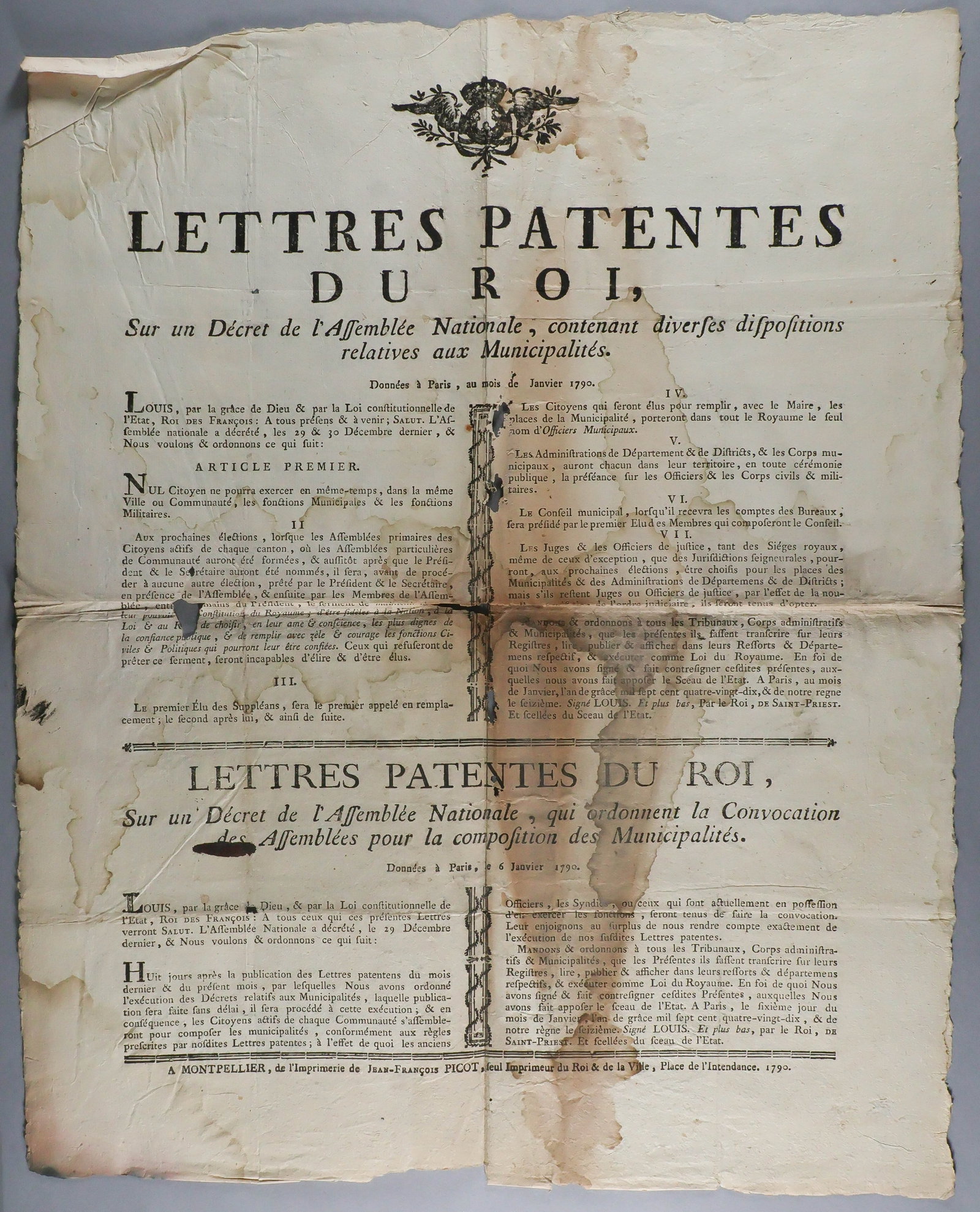 (FRENCH REVOLUTION): Printed broadside, 1p. folio, Paris, January 1790, a royal proclamation issued by King Louis XVI on behalf of the National Assembly. Issued during the formative months of the French constitutional