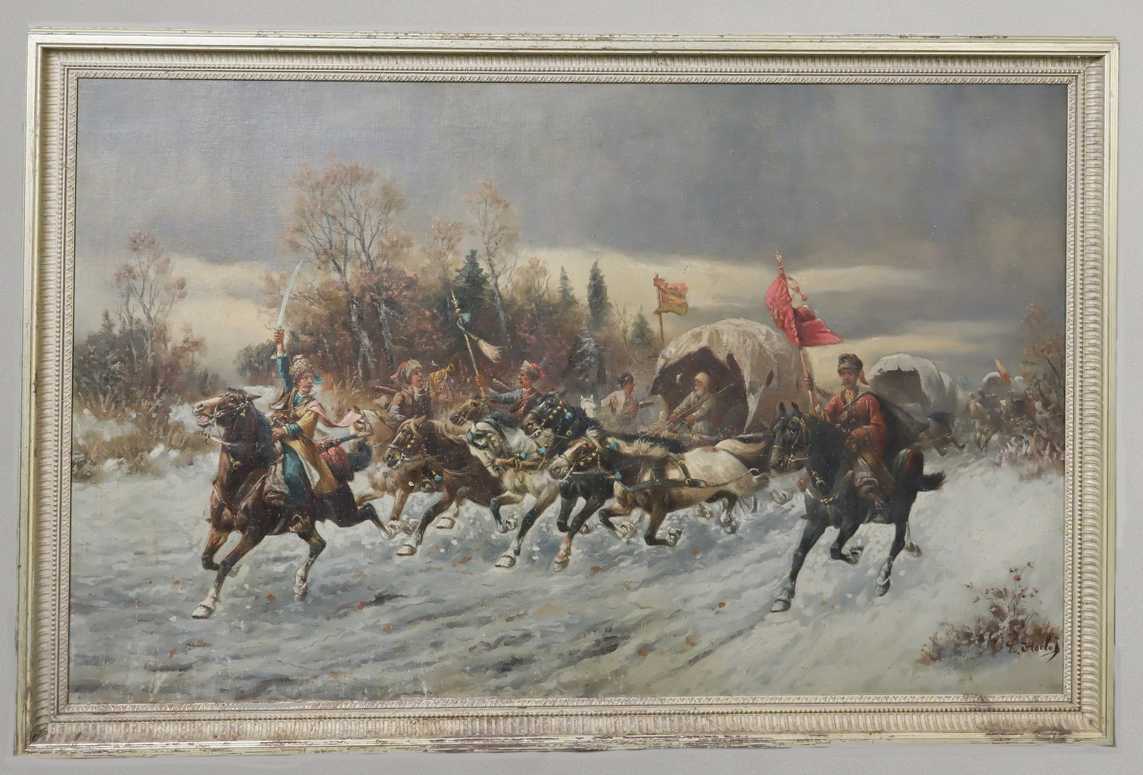 'COSSACK GOLD TRANSPORT' BY ADOLF BAUMGARTNER-STOILOFF: Large original oil on canvas painting, 51 in. x 32 in., by Austrian painter Adolf Baumgartner-Stoiloff (1850-1924), who also created works under the name Constantin Stoiloff, best known for his