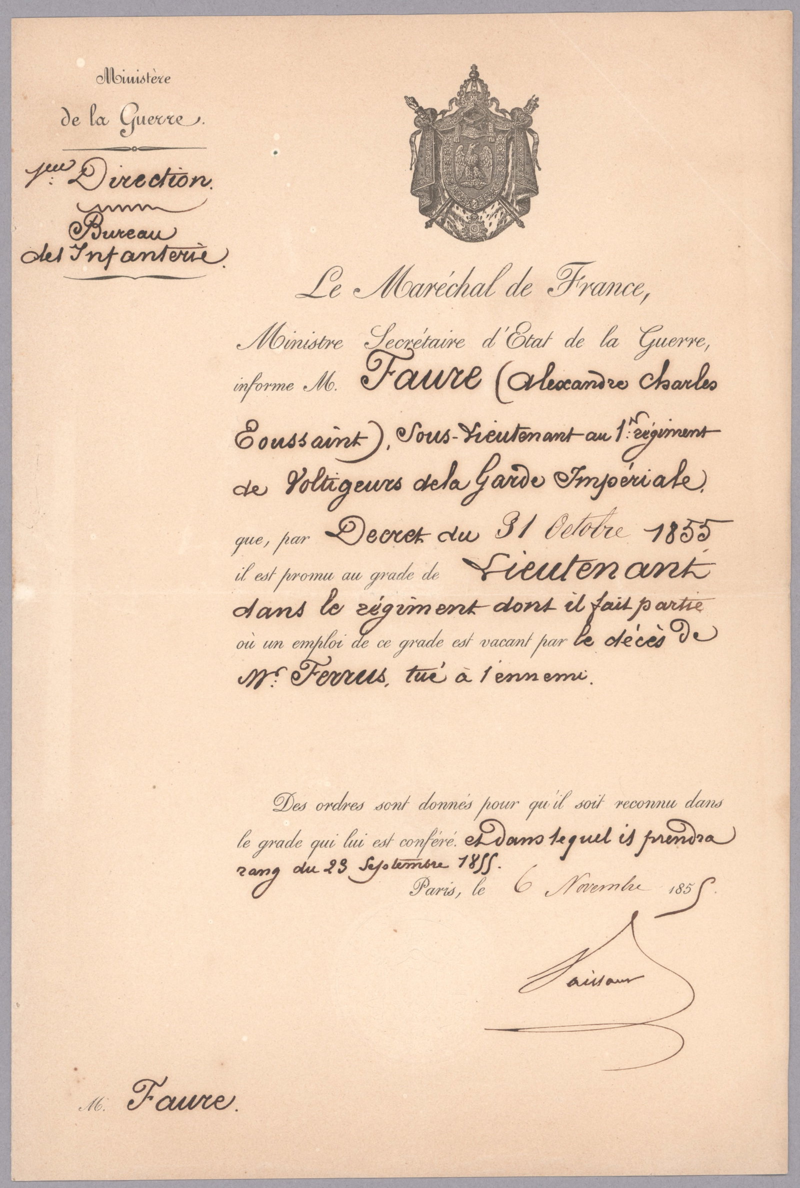 FRENCH MINISTERS OF WAR: A group of three pieces signed by Ministers of War during the 1860s in France. Includes two pieces by French Marshal JEAN-BAPTISTE PHILBERT VAILLANT (1790-1872) who served in the Russian campaign of