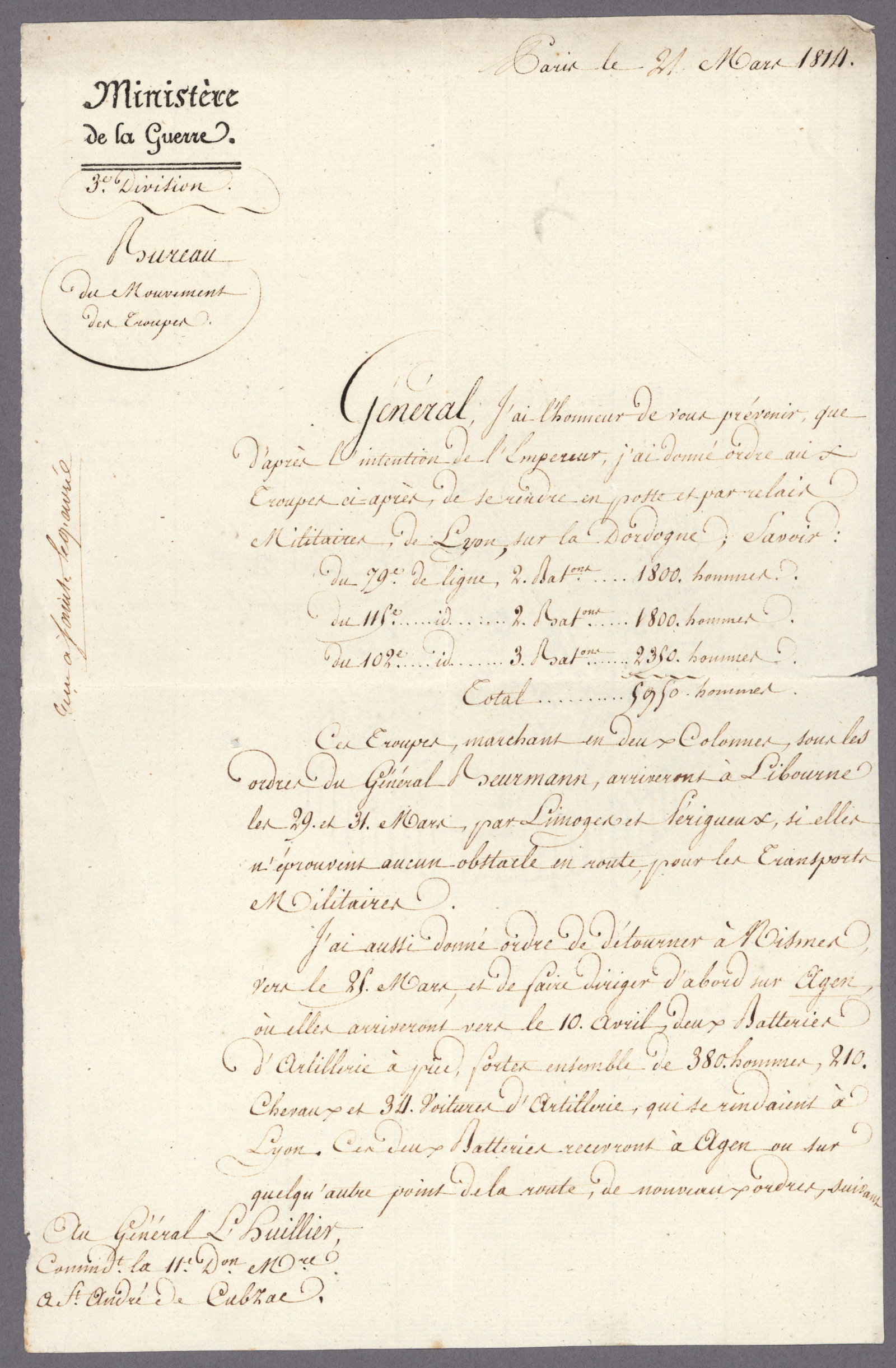 HENRI-JACQUES CLARKE, DUC DE FELTRE: (1765 - 1818) French marshal, the private secretary to Napoleon during the Consulat, and Minister of War (1807-14) during Napoleon's campaigns. Fine content manuscript L.S. ‘Duc de