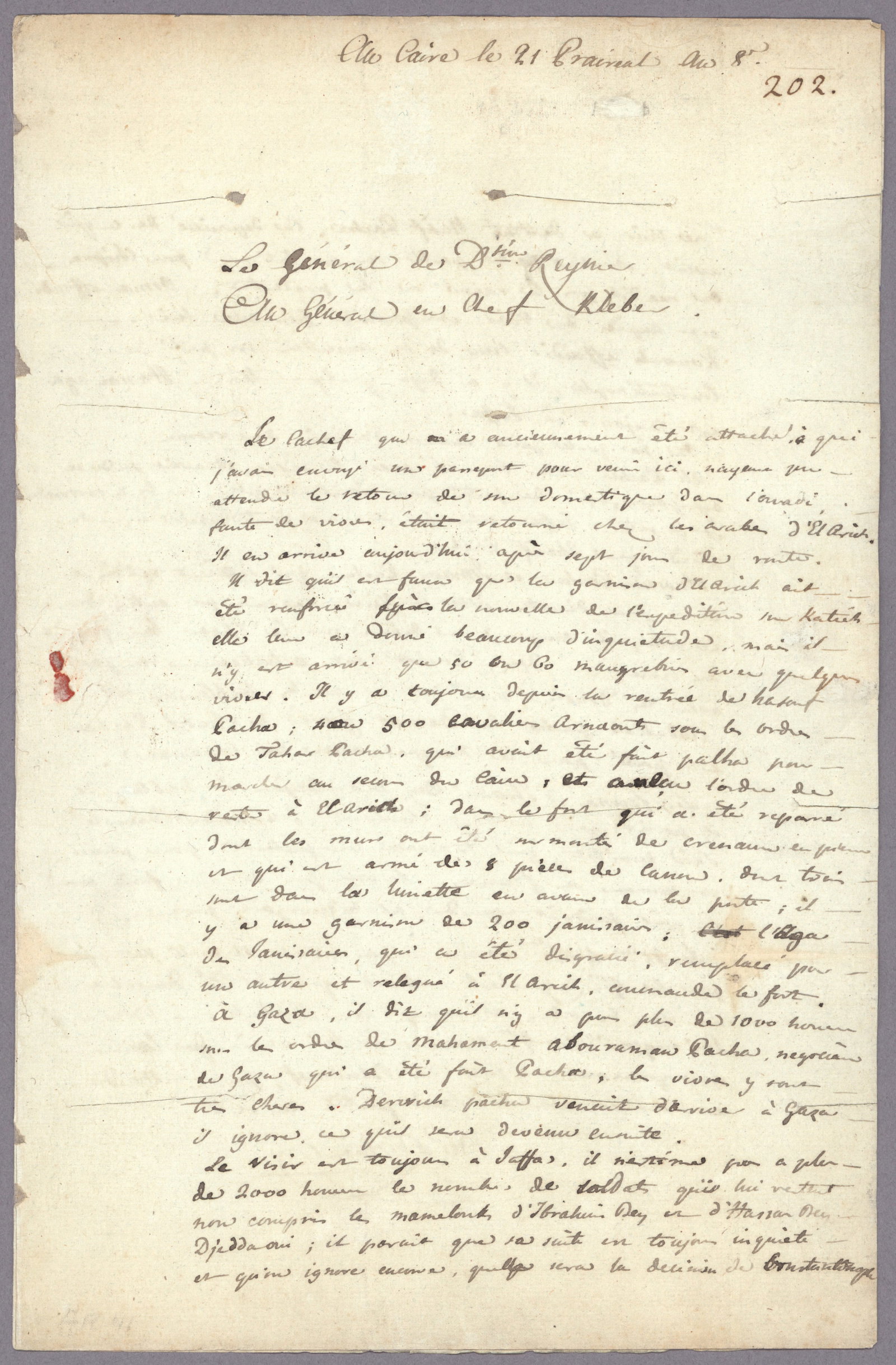 JEAN LOUIS EBENEZER REYNIER: (1771-1814) French general in the Revolutionary Wars who led a division under Napoleon in the history-making French Invasion of Egypt and Syria (1798-1801). HEADLINE: Reynier transmits military intell