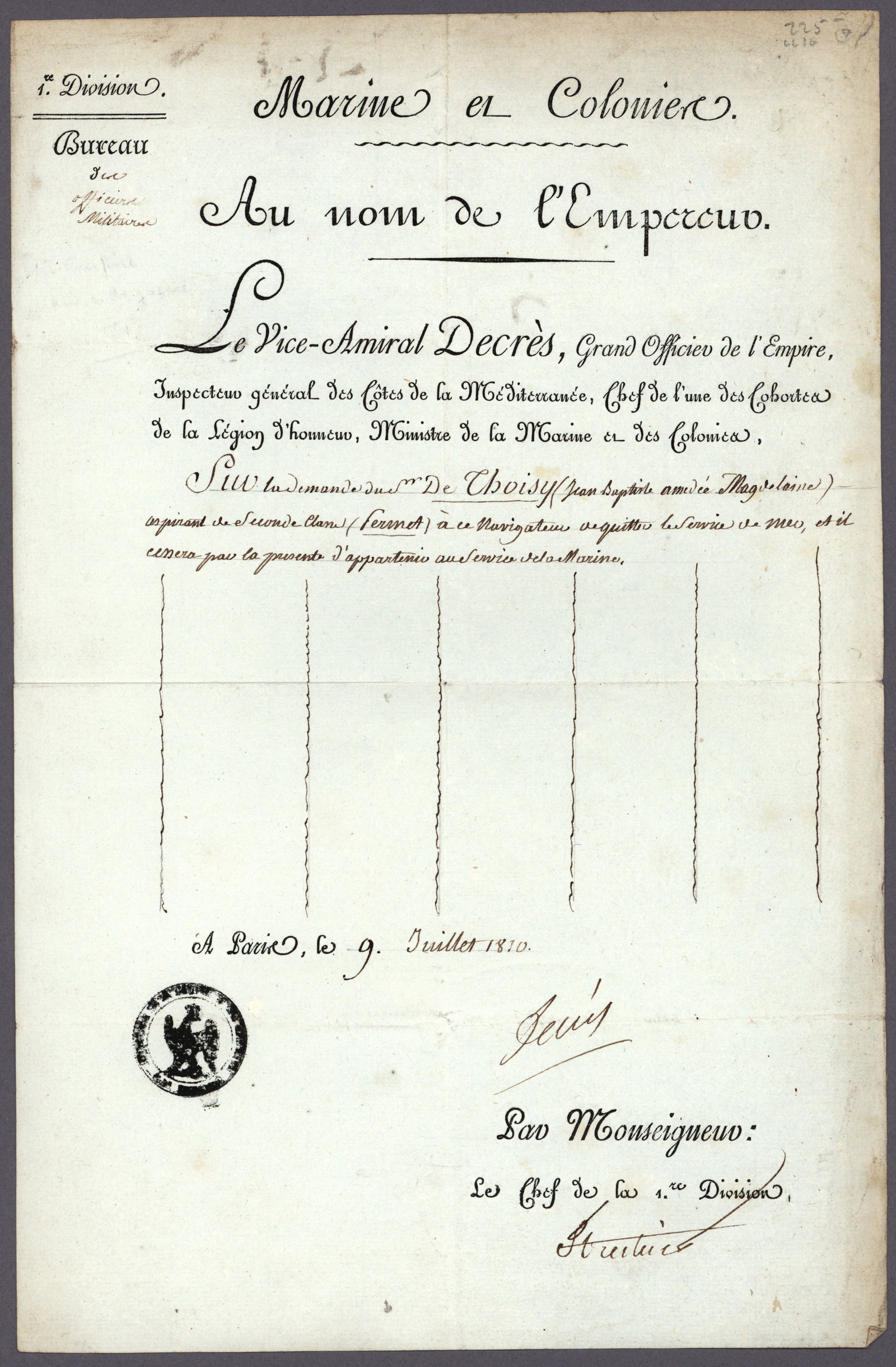 NAPOLEONIC WARS (2): Two items signed by prominent players in during the Napoleonic Wars, includes: DENIS DECRES (1761-1820) Officer in the French Navy who served as Napoleon’s Minister of the Navy from 1801 until