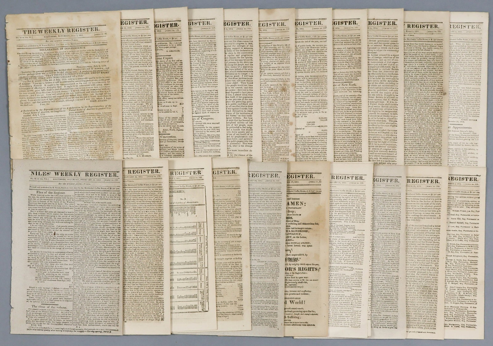 WAR OF 1812 AS REPORTED IN NILES' WEEKLY REGISTER: Niles Weekly Register was a national magazine published in Baltimore, Maryland by Hezekiah Niles from 1811 to 1848. The most widely circulated magazine of its time, the Register was the nation's