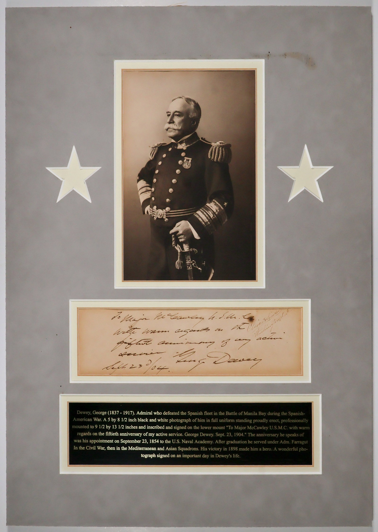 GEORGE DEWEY: (1837 - 1917) American Admiral of the Navy, the only person in U.S. history to attain the rank. Served under Farragut in the Civil War but known for his famous success at the Battle of Manila Bay