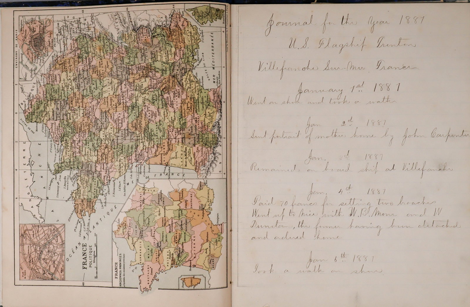 USS TRENTON DIARY: A hardbound diary, 7 x 8.5 in. with lined pages, 28pp. filled out by Frank H. Bailey, an Assistant Engineer on the USS TRENTON stationed in Villefranche-sur-Mer, France, January-May, 1887. Neatly