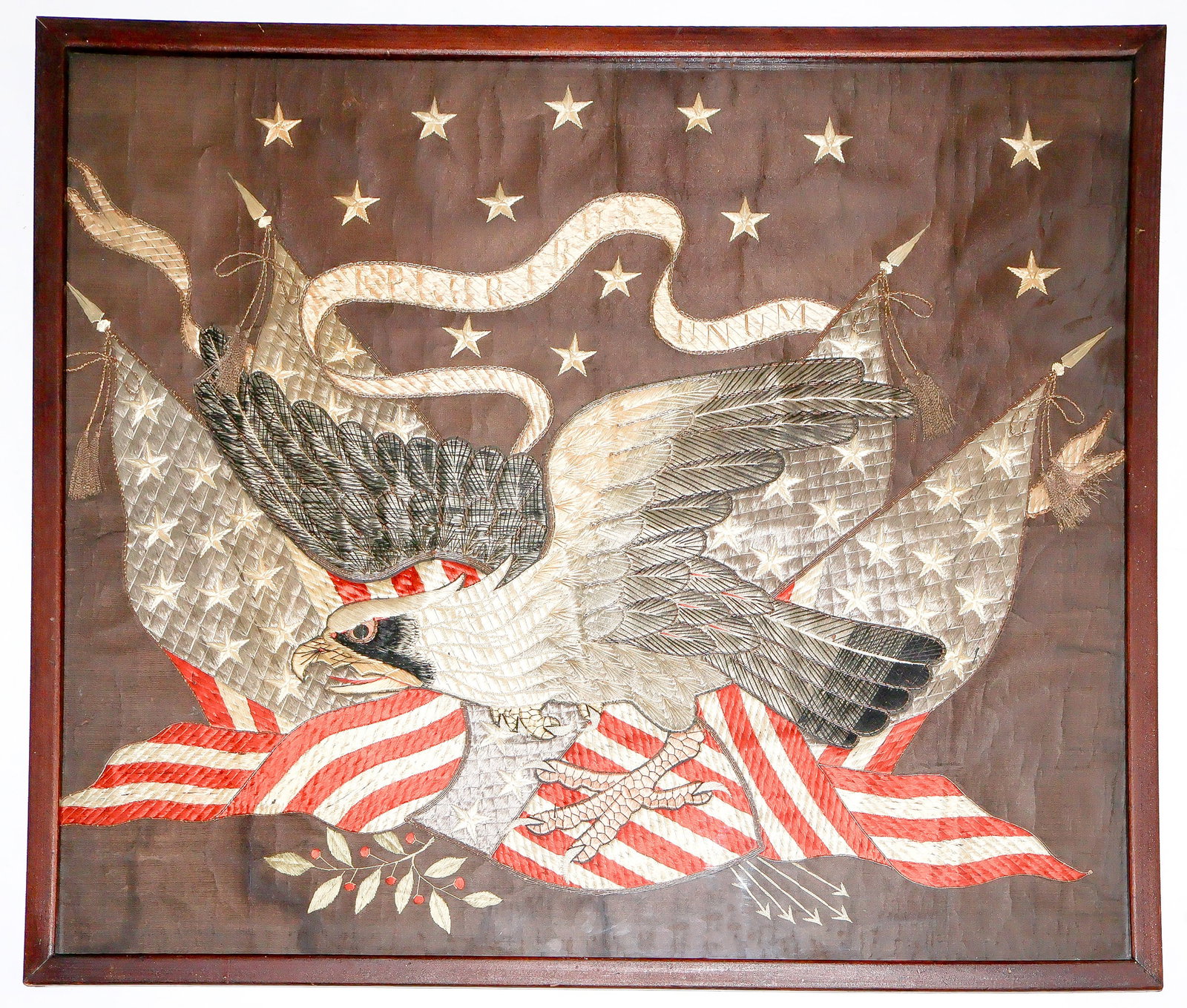 US NAVY EAGLE HAND SEWN 19TH CENTURY JAPANESE TAPESTRY: Veteran sailor's Navy service souvenir silk embroidered tapestry presented in a vintage frame with glass. This extremely detailed tapestry, 27.5 in. x 23.5 in., is a combination of embroidery and