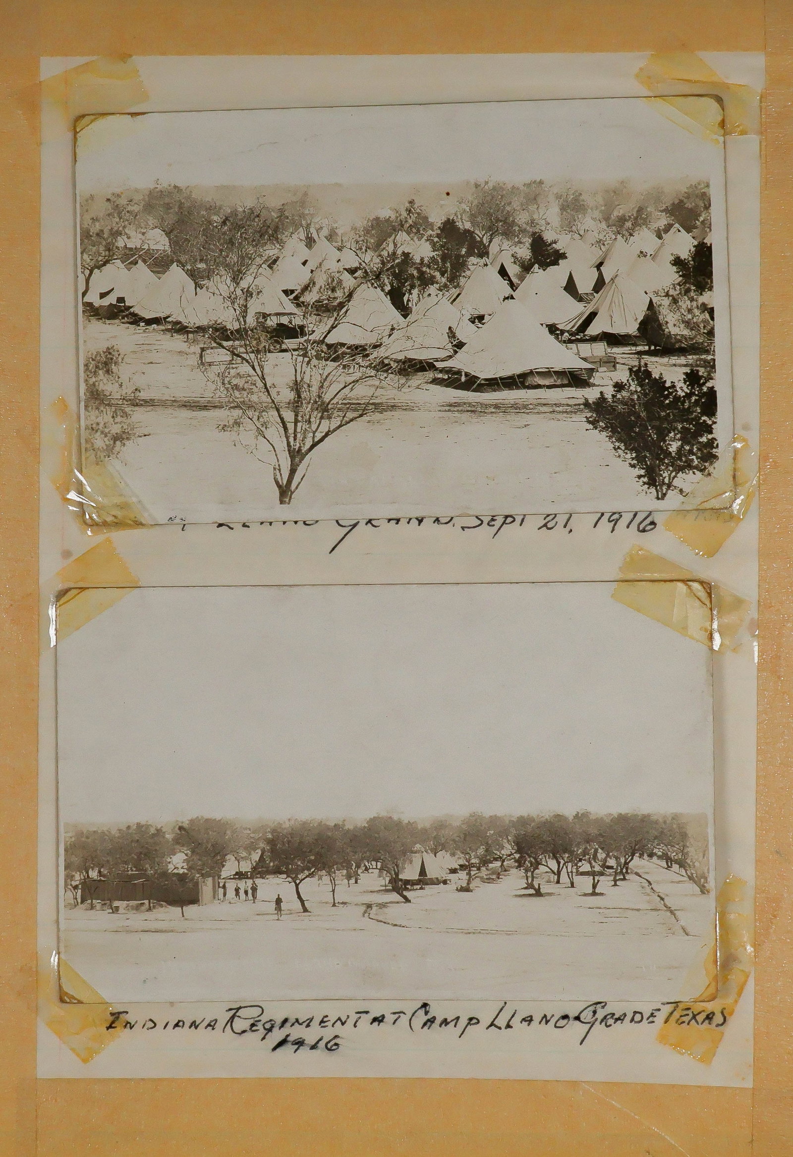 MEXICAN REVOLUTION PHOTO ALBUM: A group of 35 photographs, 3 x 4.5 in. in most part, collected by soldier Albert Zurcher who served in Indiana Infantry, Co. E , at the Mexico border at Camp Llano, TX, during the Pancho Villa