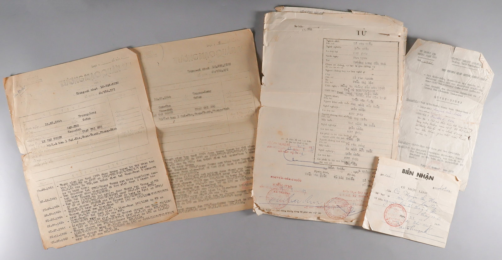 NORTH VIETNAMESE MILITARY DOCUMENTS: A group of four items, the first a typed personnel record, for Sergeant First Class Le Van Hieu (1944-1968), 2pp. 4to., showing his ‘Continuous Military Record’ from officer’s