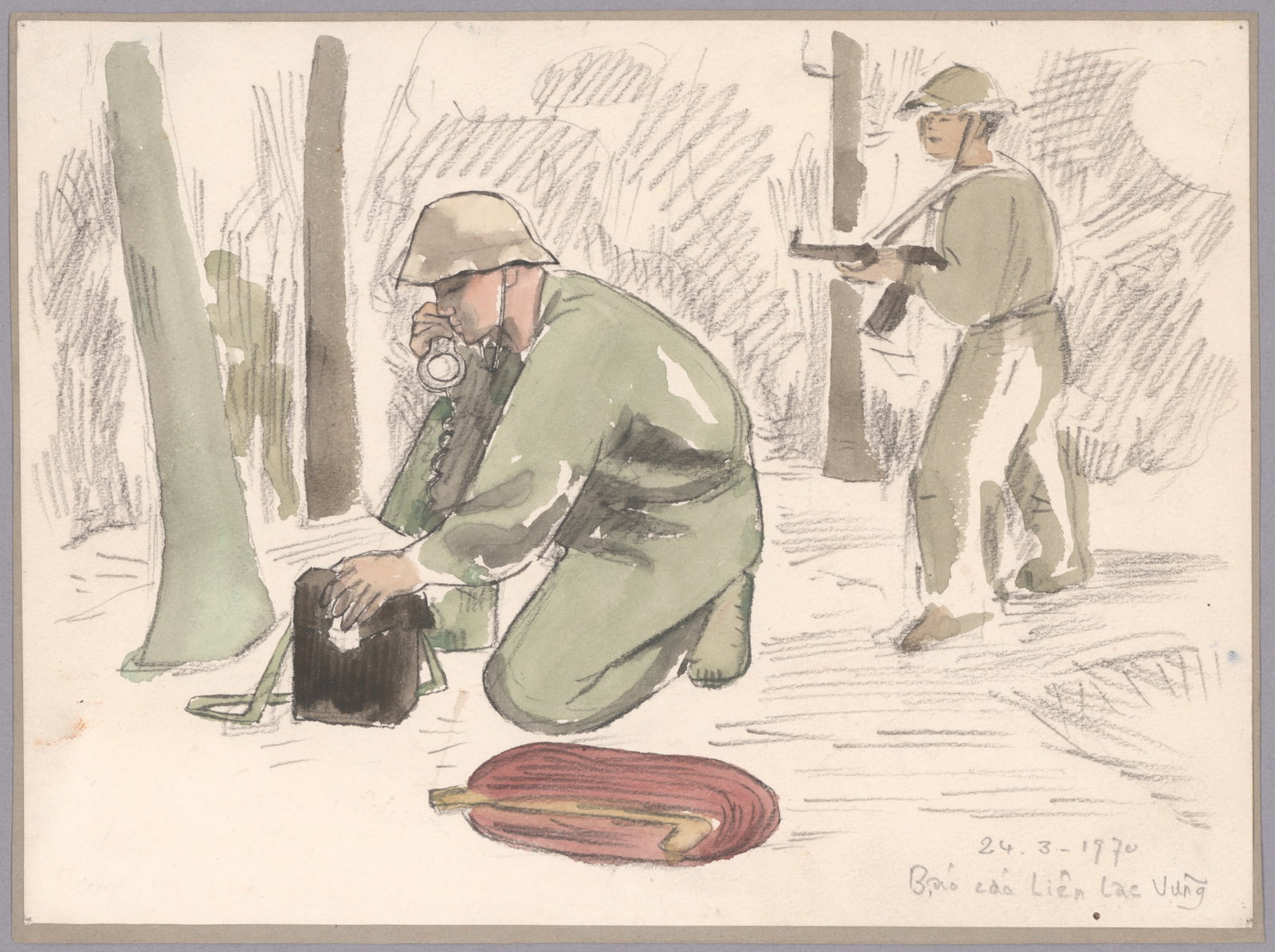 ORIGINAL ARTWORK OF VIET CONG SOLDIERS: A well-executed pencil, ink and watercolor painting, 10 x 7.5 in., showing two soldiers in tropical uniforms and North Vietnamese pith helmets in the jungle, one holding an AK-pattern rifle and the