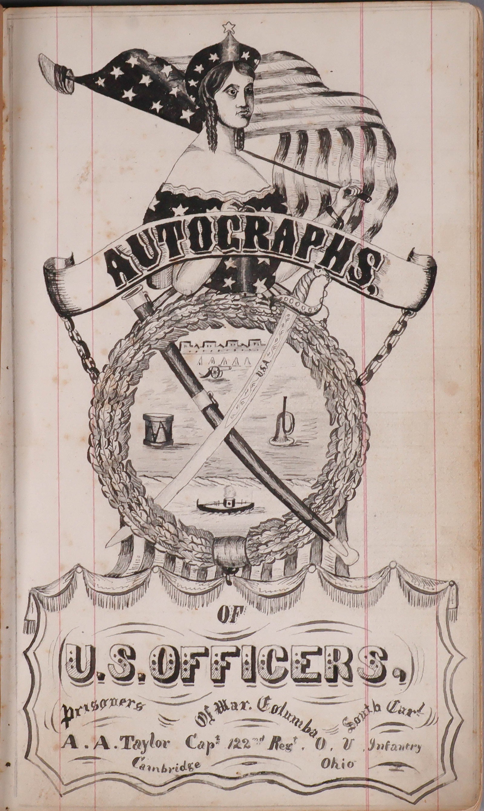 ALBUM OF UNION PRISONERS AT COLUMBIA, SOUTH CAROLINA: Exceptional historical album containing the signatures of over 470 Union officers, all prisoners of war held at Columbia, South Carolina, the camp commonly called 'Camp Sorghum' after the food