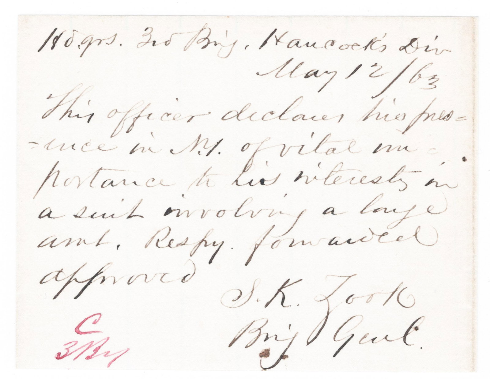SAMUEL K. ZOOK: (1823 - 1863) Union brigadier general who commanded a regiment on the Peninsula, mortally wounded leading his men at the Wheatfield during the Battle of Gettysburg. Rare, war-date A.E.S. in black ink