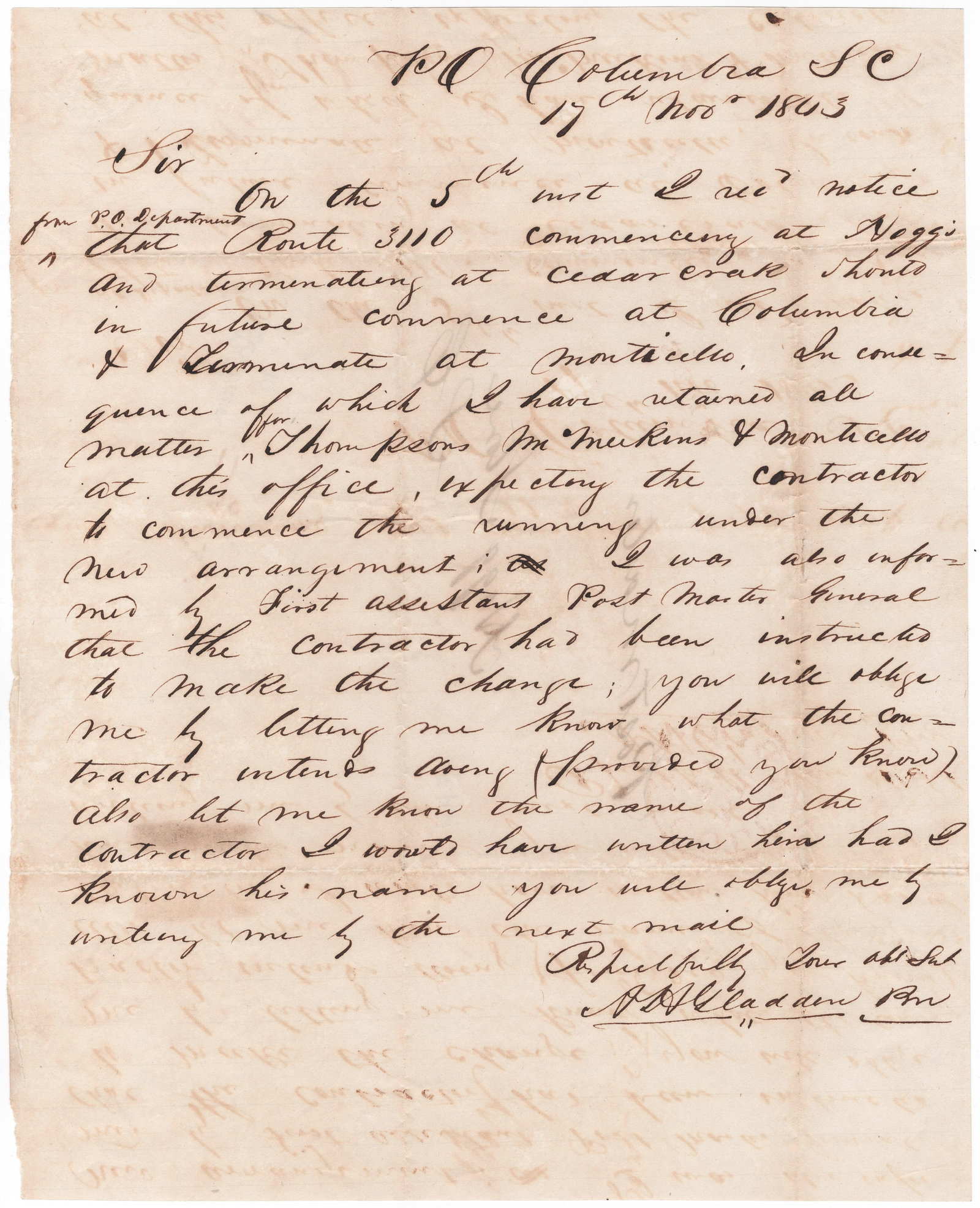 ADLEY H. GLADDEN: (1810 - 1862) Confederate brigadier general who led the 1st Louisiana at Shiloh where he was mortally wounded. Very rare, early A.L.S., 1p. 4to., Columbia, SC, Nov. 17, 1843, as postmaster of that