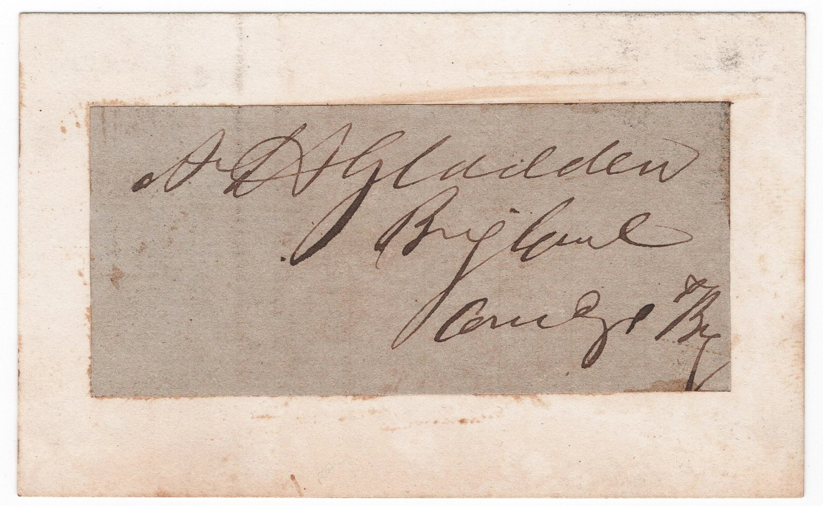 ADLEY H. GLADDEN: (1810 - 1862) Confederate brigadier general who led the 1st Louisiana at Shiloh, where he was mortally wounded. Very rare signature ‘A H Gladden’ in black ink on a 2.75 x 1.25 in. slip of