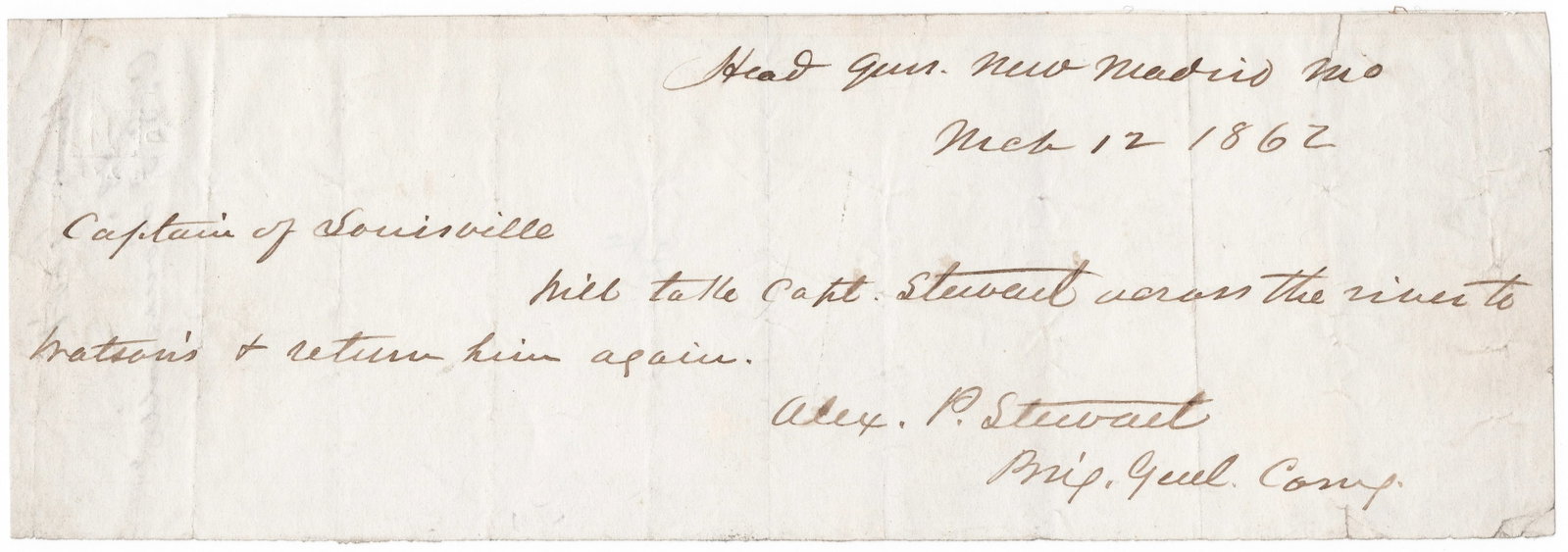 ALEXANDER P. STEWART: (1821 - 1908) Confederate major general who commanded at Shiloh, Chickamauga, and Atlanta, and replaced Polk after that general's death. Rare war-date A.N.S., 1p. 8.25 x 2.75 in, New Madrid, MO,