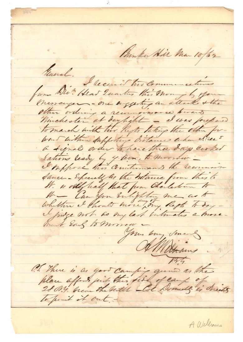 ALPHEUS S. WILLIAMS: (1810-1871) Mexican American and Civil War Union general who saw action at Chancellorsville, Gettysburg, and Sherman's March to the Sea, and was later a U.S Congressman. War-date A.L.S. ‘A