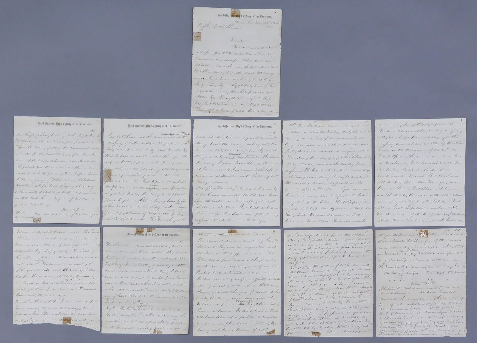 ARMY OF THE TENNESSEE REPORT TO SHERMAN: Superb content and association A.L. (unsigned), 12pp. 4to., Gordon, GA, Nov. 23, 1864, in which an unnamed military leader writes to William T. Sherman regarding the crossing of the Ocmulgee River and