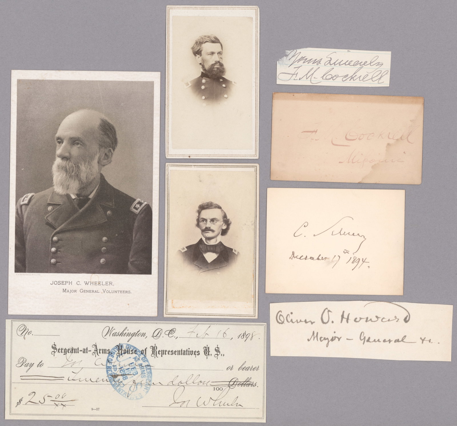 CIVIL WAR GENERALS (8): Lot of eight pieces includes JOSEPH WHEELER, check signed twice as House Sergeant at Arms, 1898, with postcard photograph; signatures of CARL SCHURZ on a card, with CDV in uniform (unmarked); OLIVER