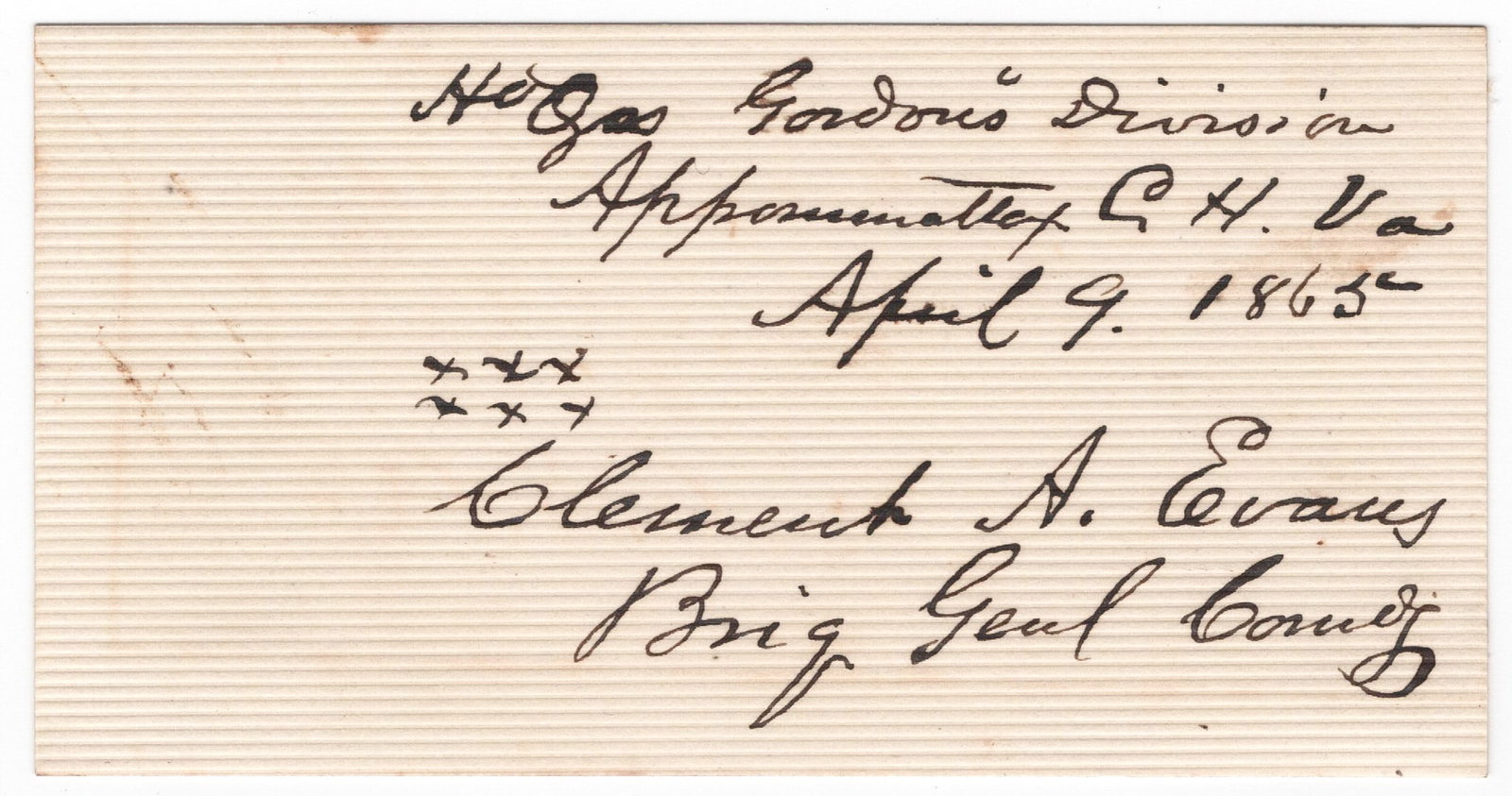 CLEMENT A. EVANS PROVIDES AN AUTOGRAPH DURING LEE’S SURRENDER AT APPOMATTOX: CLEMENT A. EVANS (1833-1911) Confederate brigadier general who saw action at Second Manassas, Antietam, and Fredericksburg, later an influential minister and author. An historic signed piece,