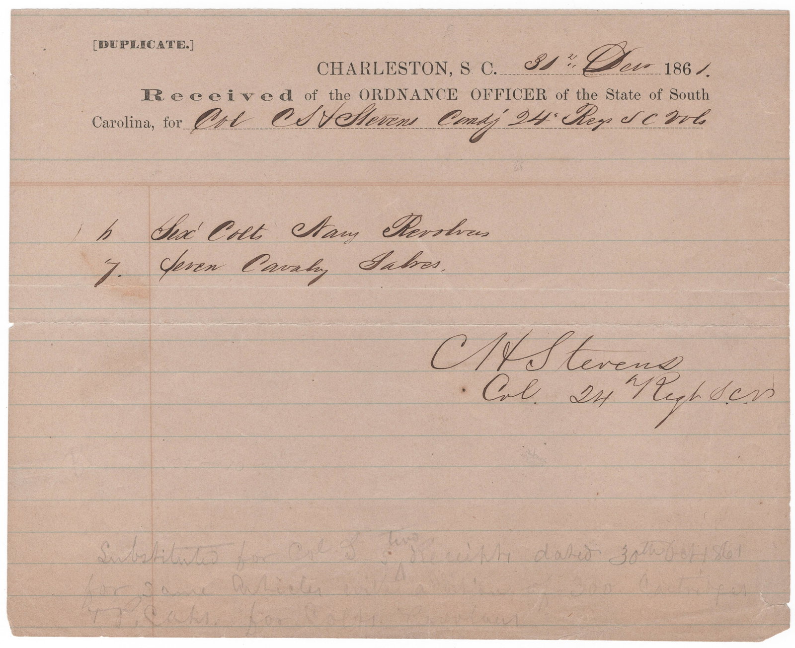 CLEMENT H. STEVENS: (1821-1864) Confederate brigadier general who led his South Carolinians at Vicksburg and Chickamauga, mortally wounded leading the Georgia brigade at Peach Tree Creek. Rare, war-date partly-printed