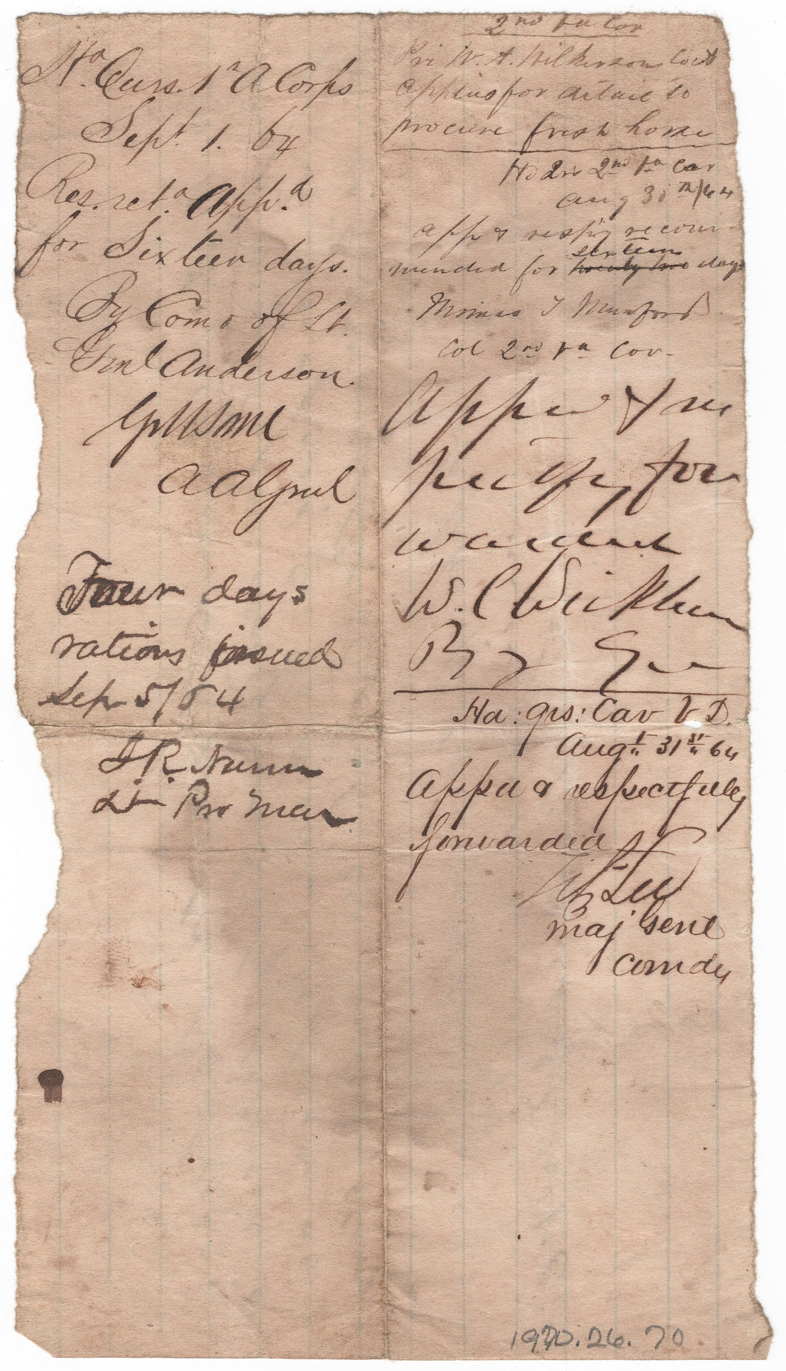 CONFEDERATE GENERALS FITZHUGH LEE AND WILLIAMS C. WICKHAM: A fine pair of A.E.S.’s on a war-date manuscript D.S., 1p. oblong 8vo., [n.p., Aug. 31, 1864], granting a Pvt. W. A. Wilkenson of the 2nd Virginia Cavalry sixteen days leave to procure a fresh