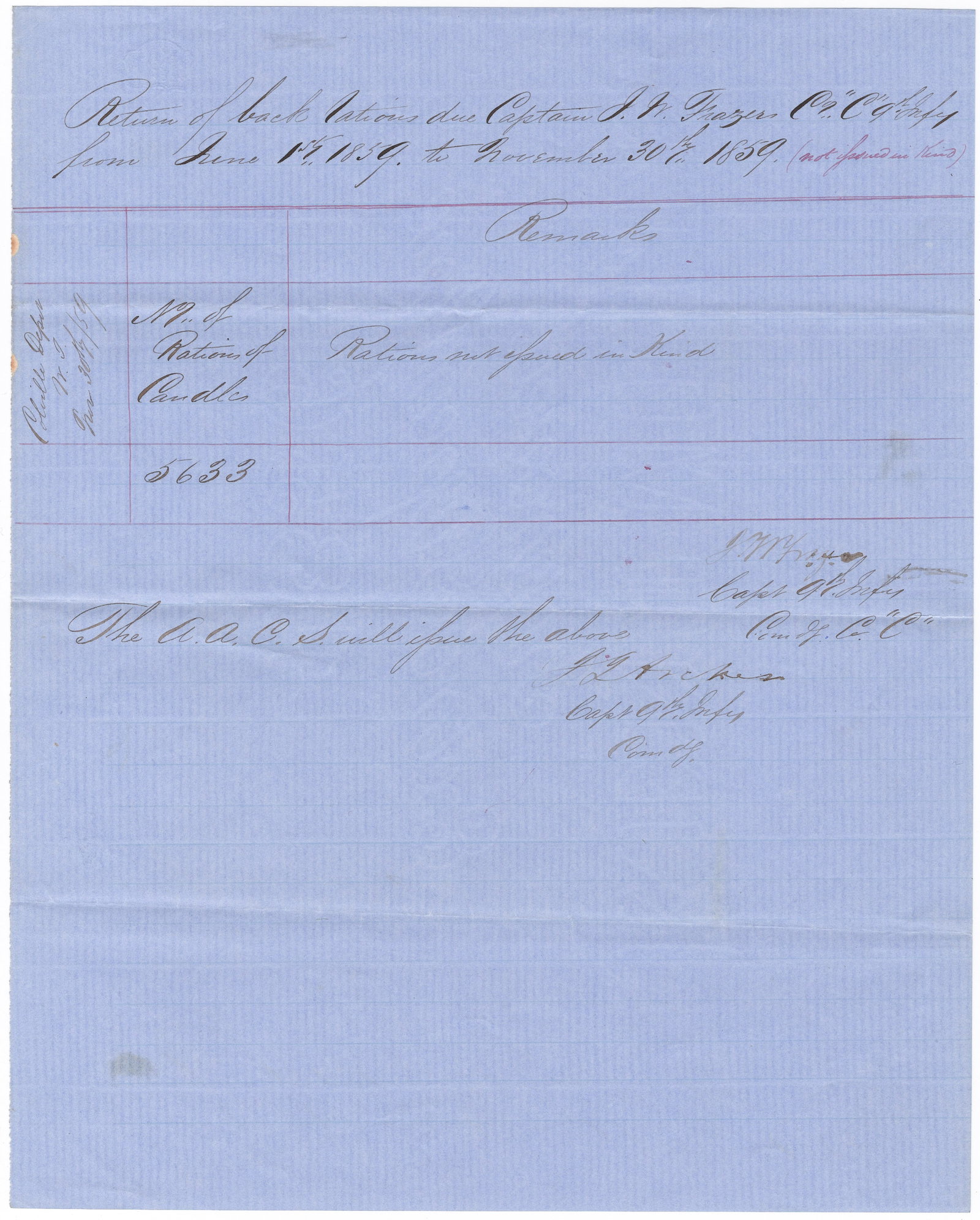 CONFEDERATE GENERALS JAMES JAY ARCHER AND JOHN W. FRAZER: A fine association manuscript D.S. by two notable Confederate generals, 1p. 4to., [n.p.], Nov. 30, 1859, a return for back rations due to JOHN W. FRAZER (1827-1906), American soldier, planter, and