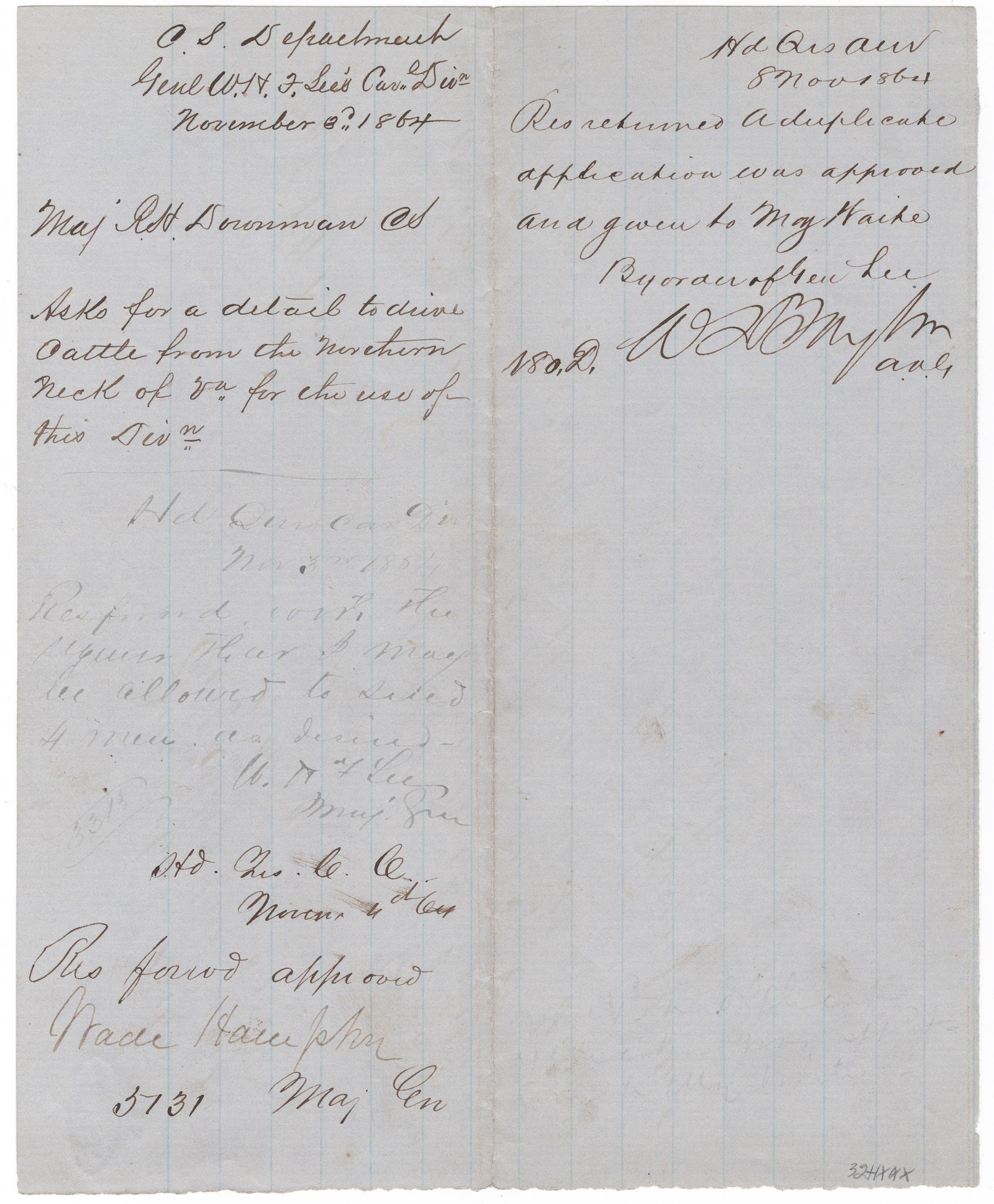 CONFEDERATE GENERALS WILLIAM HENRY FITZHUGH LEE AND WADE HAMPTON: A fine pair of signed endorsements executed by two notable Confederate generals on a war-date letter, 1p. oblong 8vo., [n.p.], Nov. 3, 1864, from a Maj. R. H. Downman, requesting a detail of four men