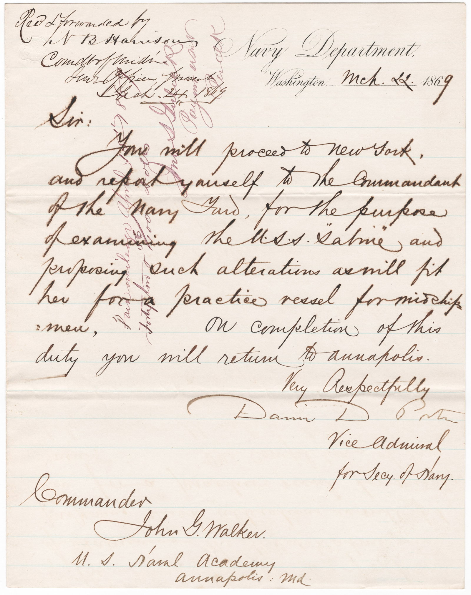 DAVID D. PORTER: (1813 - 1891) Union admiral who received the surrenders of Forts Jackson and St. Philip, and was indispensable in the siege and subsequent Union victory at Vicksburg. Good association manuscript