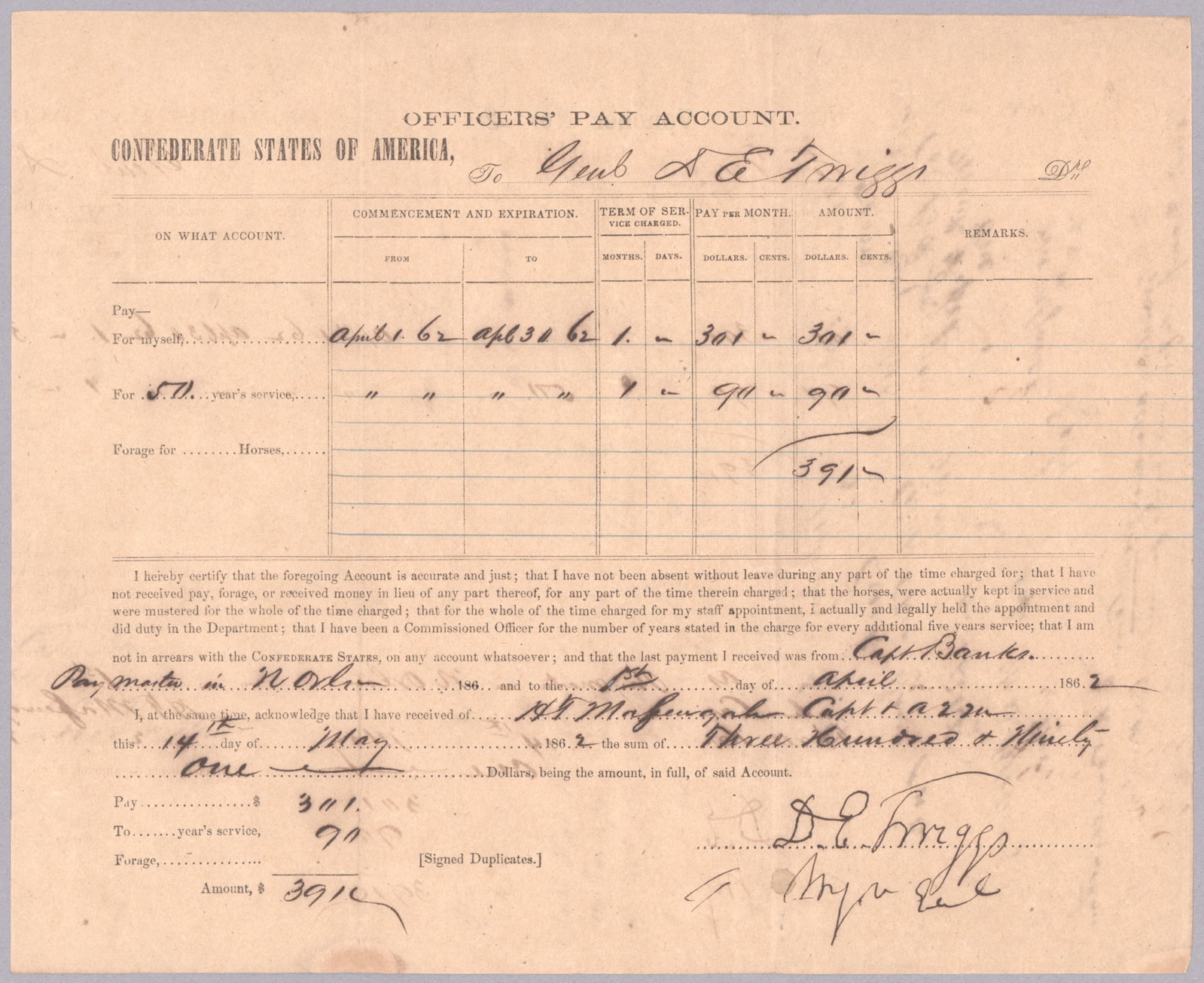 DAVID E. TWIGGS: (1790 - 1862) Confederate major general who turned over his Federal forces to Ben McCulloch at the start of the war, and was later given command of the District of Louisiana. Rare war-date