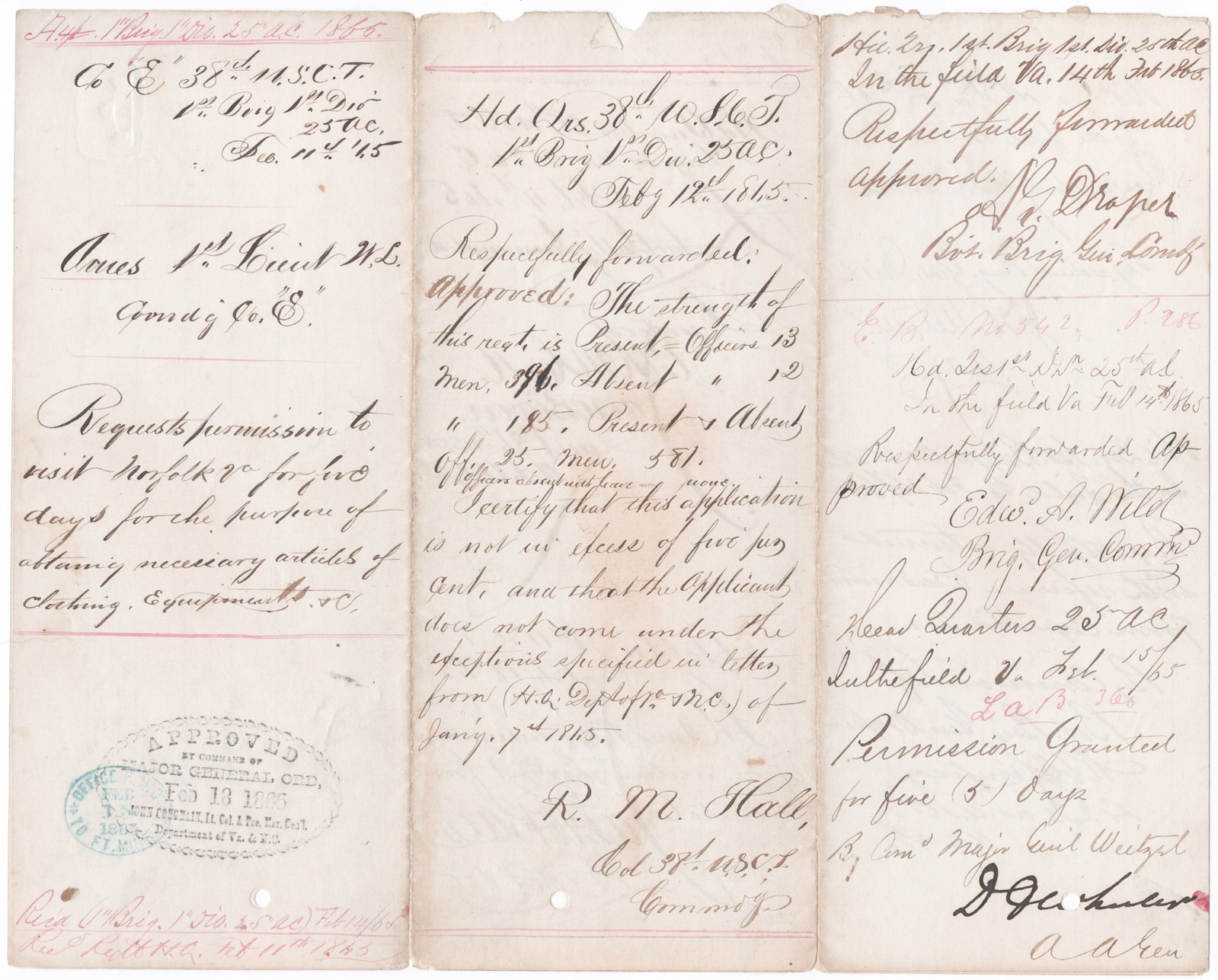 EDWARD A. WILD, ALONZO G. DRAPER AND U.S. COLORED TROOPS OFFICERS: A very interesting, fine association group of signatures and endorsements belonging to officers of the United States Colored Troops (USCT), on a war-date autograph letter, 1p. 4to., [Virginia], Feb.