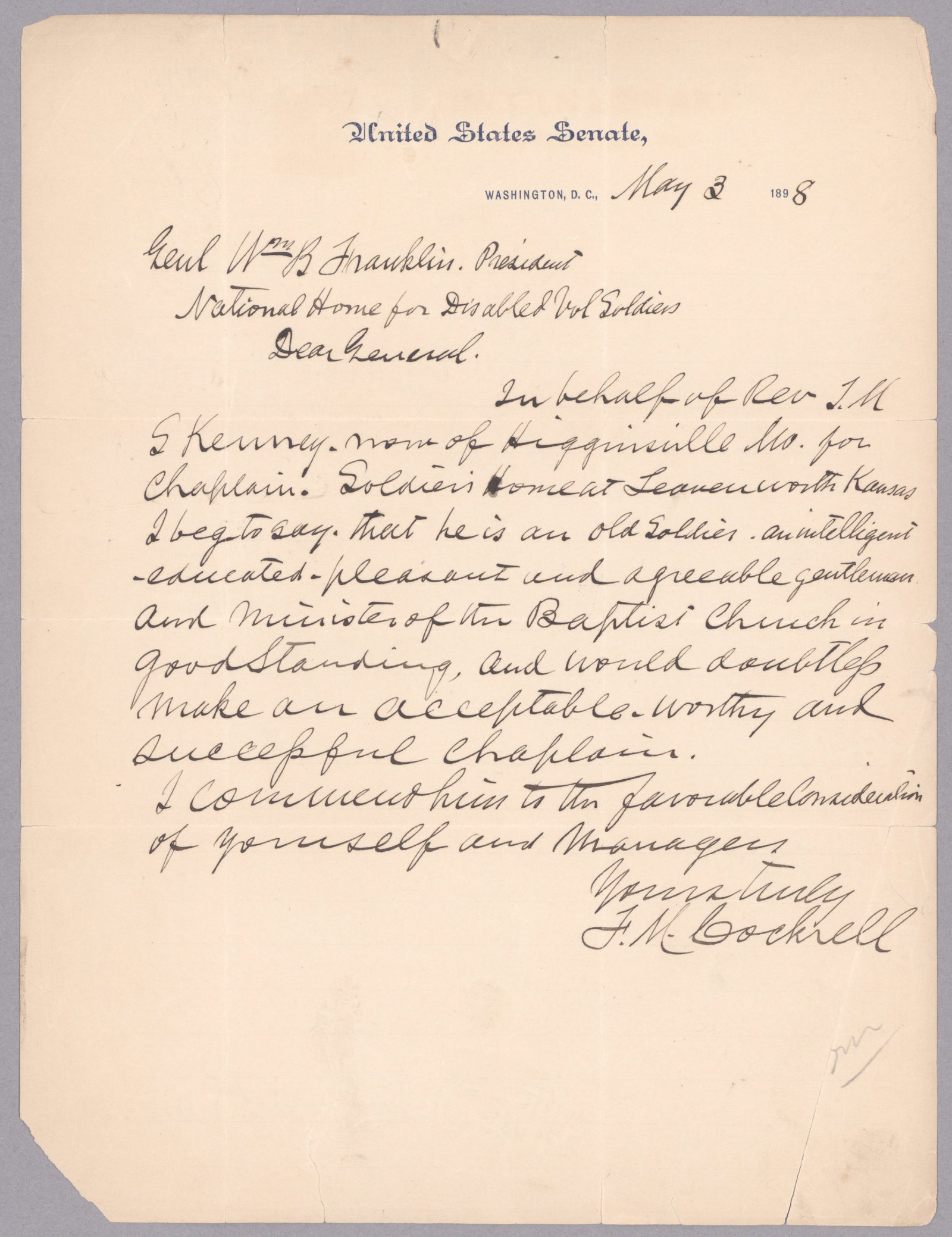 FRANCIS M. COCKRELL: (1834 - 1915) Confederate brigadier general captured at Vicksburg and later returned to fight under Hood at Atlanta. Fine association A.L.S. as Senator, 1p. 4to., Washington, May 3, 1898, to General