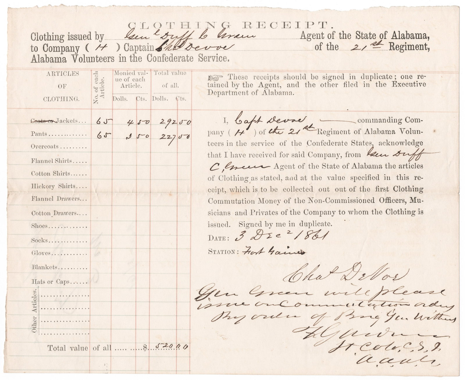 FRANKLIN GARDNER: (1823-1873) Confederate major general who commanded a brigade at Shiloh and under Polk, captured while defending Port Hudson. Scarce A.E.S. on a war-date partly-printed document, 1p. oblong 8vo., Fort
