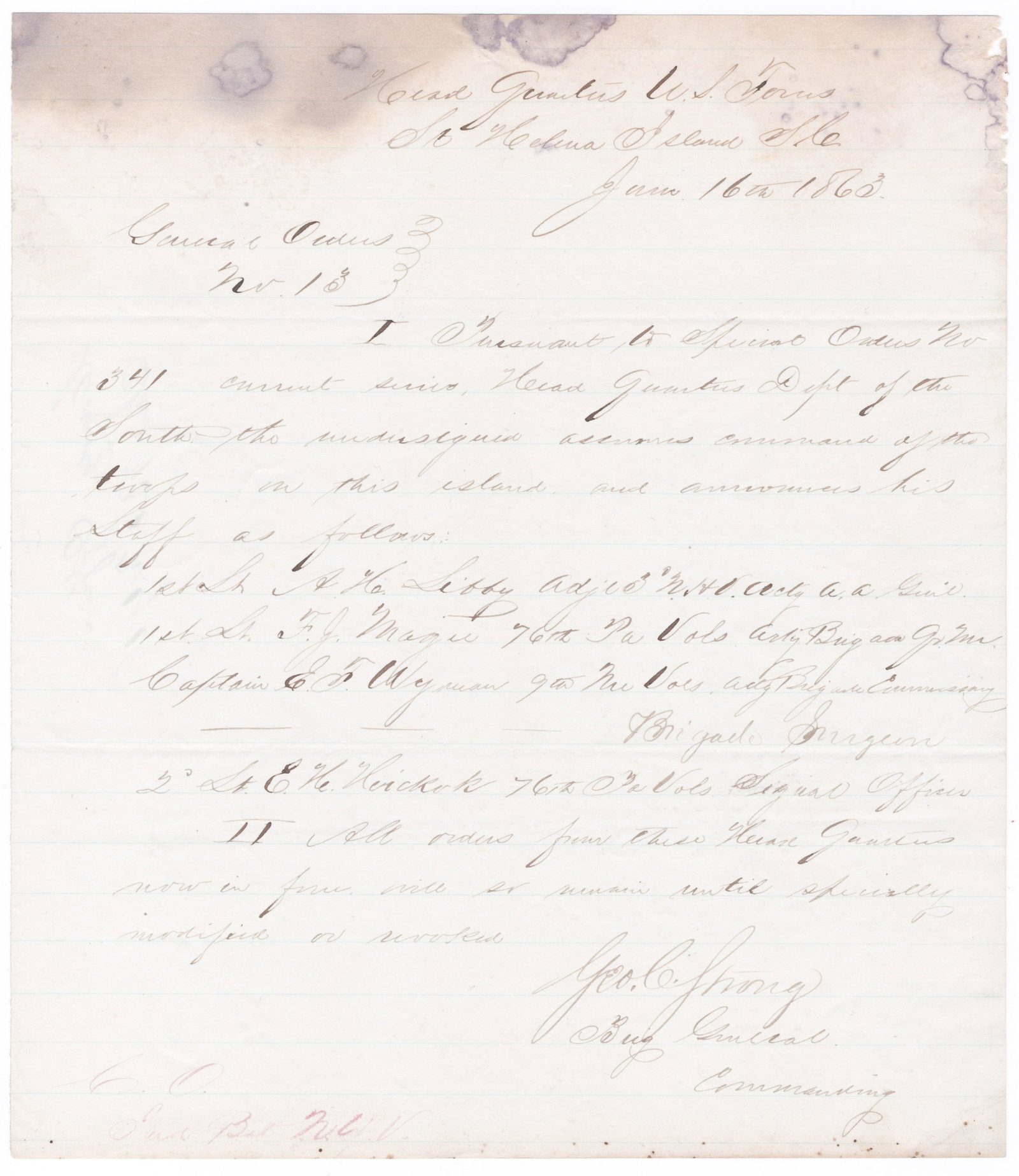 GEORGE C. STRONG: (1832 - 1863) Union major general, commanded an expedition against Biloxi, Mississippi, in April 1862, and another sent against Ponchatoula. At the Battle of Fort Wagner, Strong was in command of the