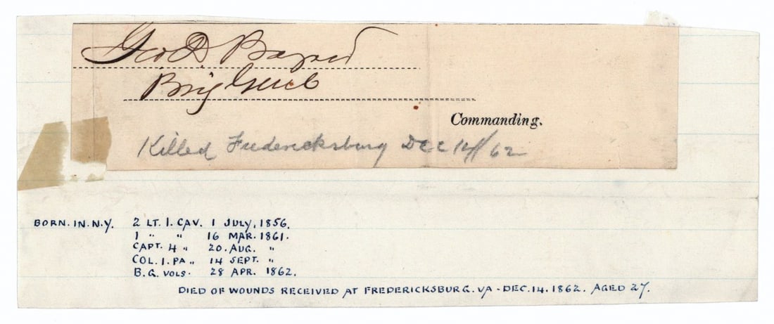 GEORGE D. BAYARD: (1835 - 1862) Union brigadier general, led the Union advance at Cedar Mountain, meeting his friend Gen. J. E. B. Stuart after the battle to arrange collecting the dead. Mortally wounded at