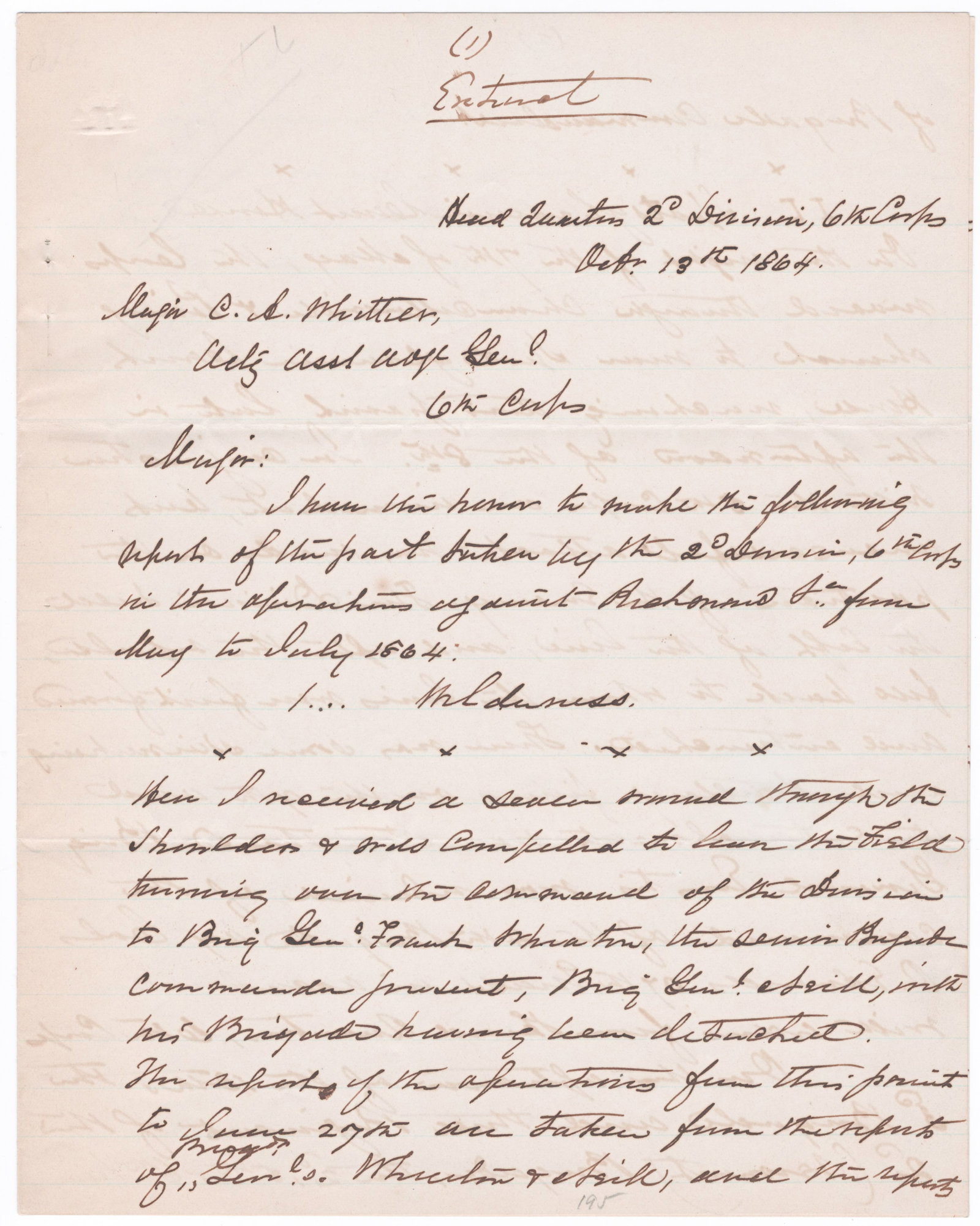 GEORGE W. GETTY: (1819 - 1901) Union major general who commanded the Army of the Potomac during the final year of the war. Fine content A.L.S., 6pp. 4to., Forest Glen, MD, July 25, 1887, a ‘true copy’