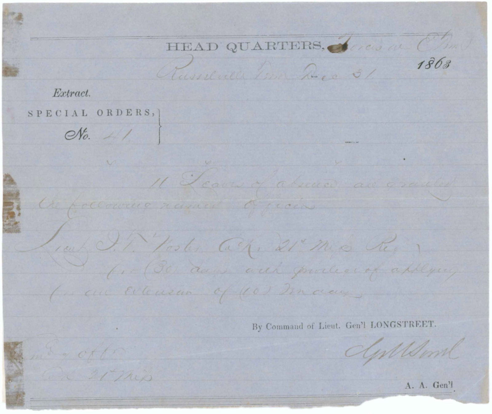 GILBERT M. SORREL: (1838-1901) Confederate brigadier general who commanded a brigade under Mahone and was severely wounded at Hatcher's Run. War-date partly-printed D.S. 1p. oblong 8vo., 'Head Quarters Forces at