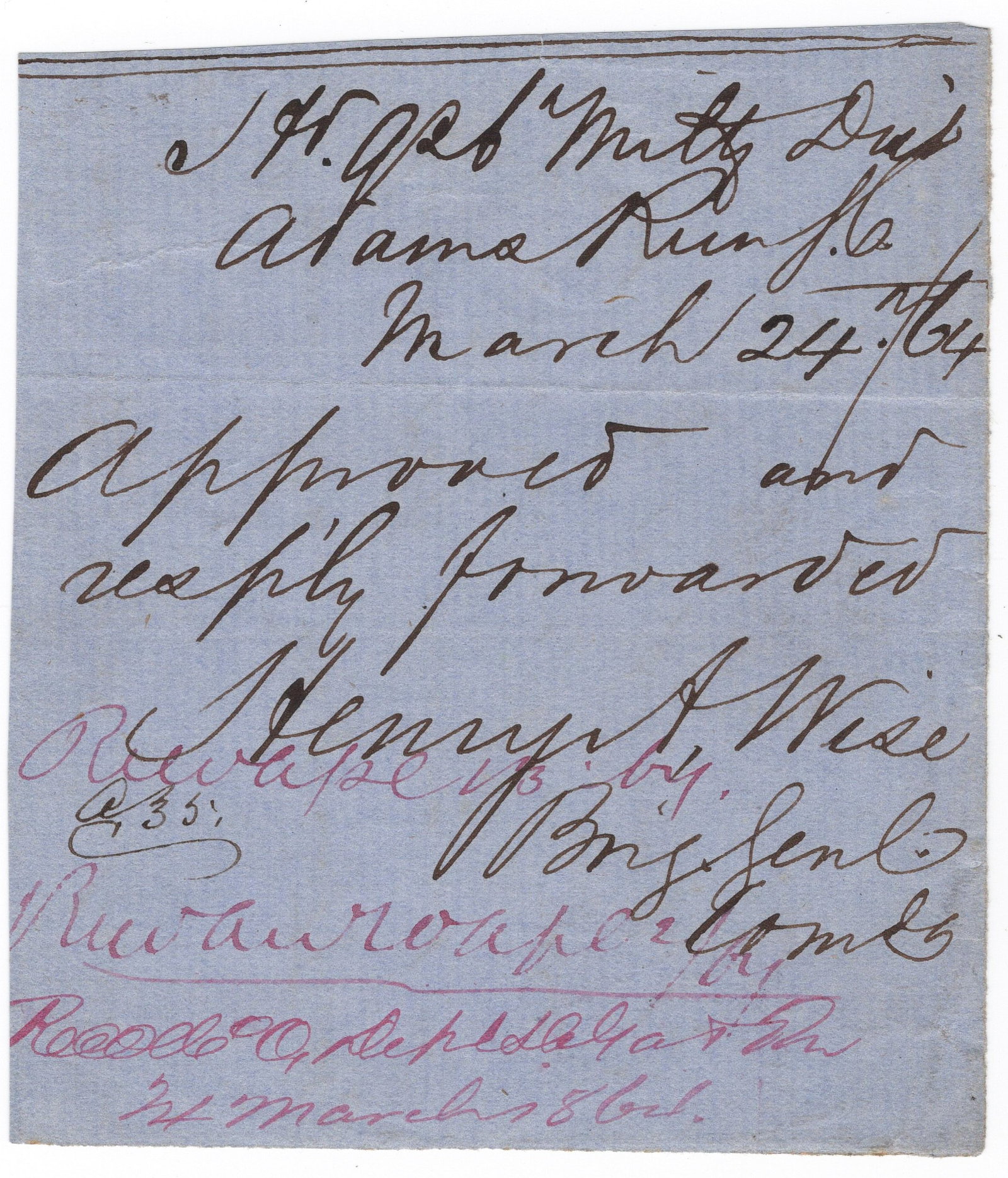 HENRY A. WISE: (1806 - 1876) Confederate brigadier general and Governor of Virginia who sent John Brown to the gallows. He died having never accepted amnesty. War-date A.E.S. in black ink on a 3.5 x 4 in. slip of