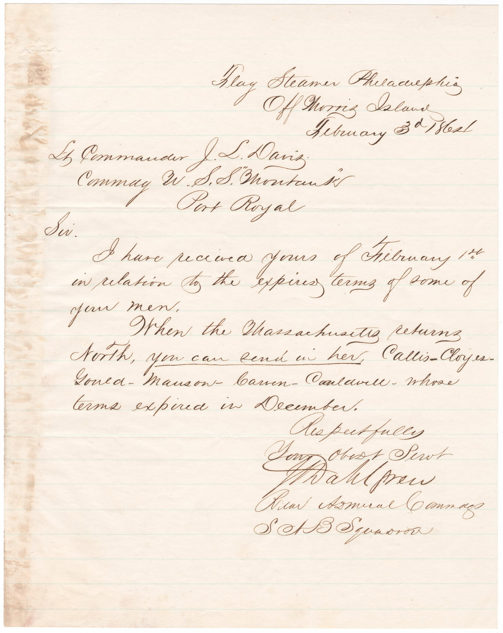 JOHN A. DAHLGREN: (1809 - 1870) Union rear admiral and inventor of the cannon which bore his name. He also commanded the South Atlantic Blockading Squadron. War-date L.S. as Rear Admiral, 1p. 4to., Off Morris