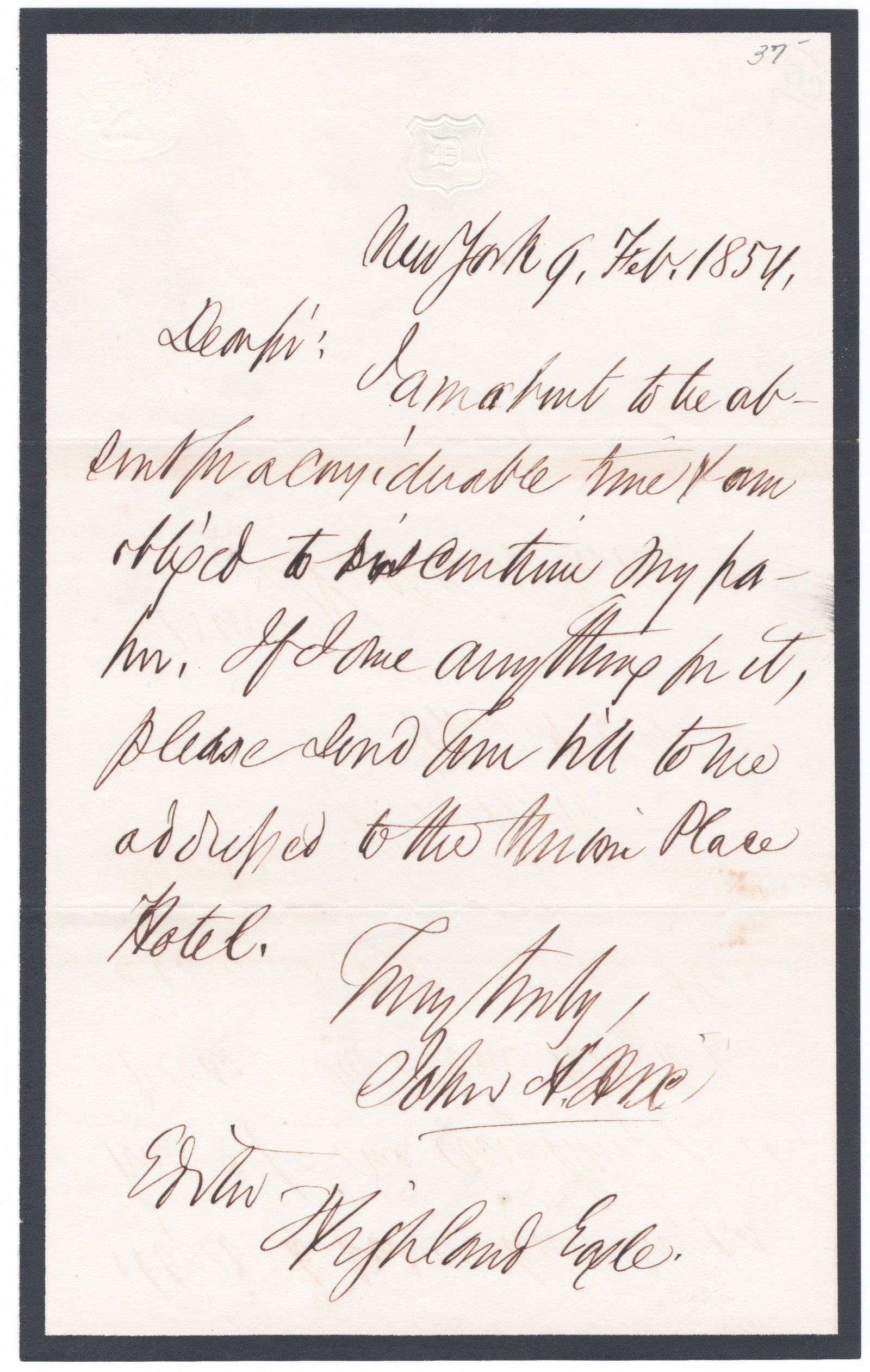 JOHN A. DIX: (1798 - 1879) Union major general most remembered for his threat to shoot anyone hauling down the American flag, and his suppression of the bloody New York draft riots. A.L.S. on mourning letterhead,