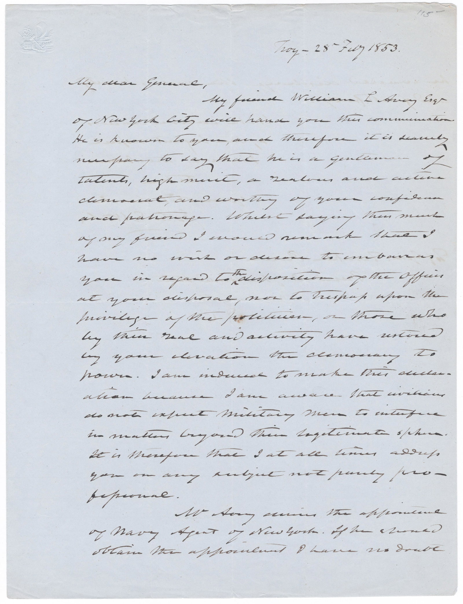 JOHN E. WOOL: (1784 - 1869) Union major general who fought off the Confederates at Fort Monroe and occupied Norfolk. Good association A.L.S., 2pp. 4to., Troy, NY, Feb. [n.d.], 1853, to President Franklin Pierce.