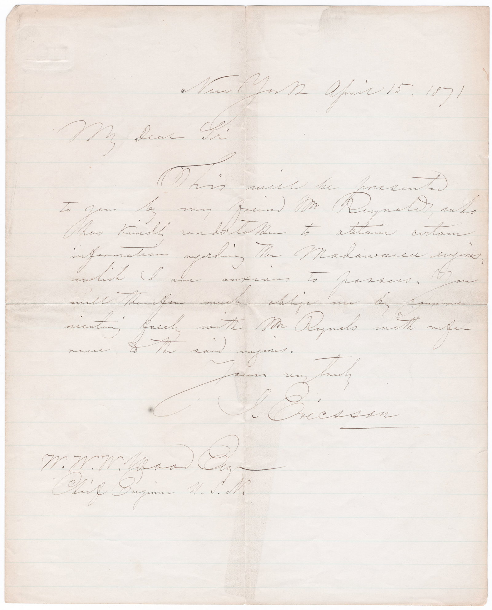 JOHN ERICSSON: (1803-1889) American engineer and designer of the revolutionary ironclad USS MONITOR and the first screw-powered vessel, USS PRINCETON. Good association A.L.S., 1p. 4to., New York, April 15, 1871, to
