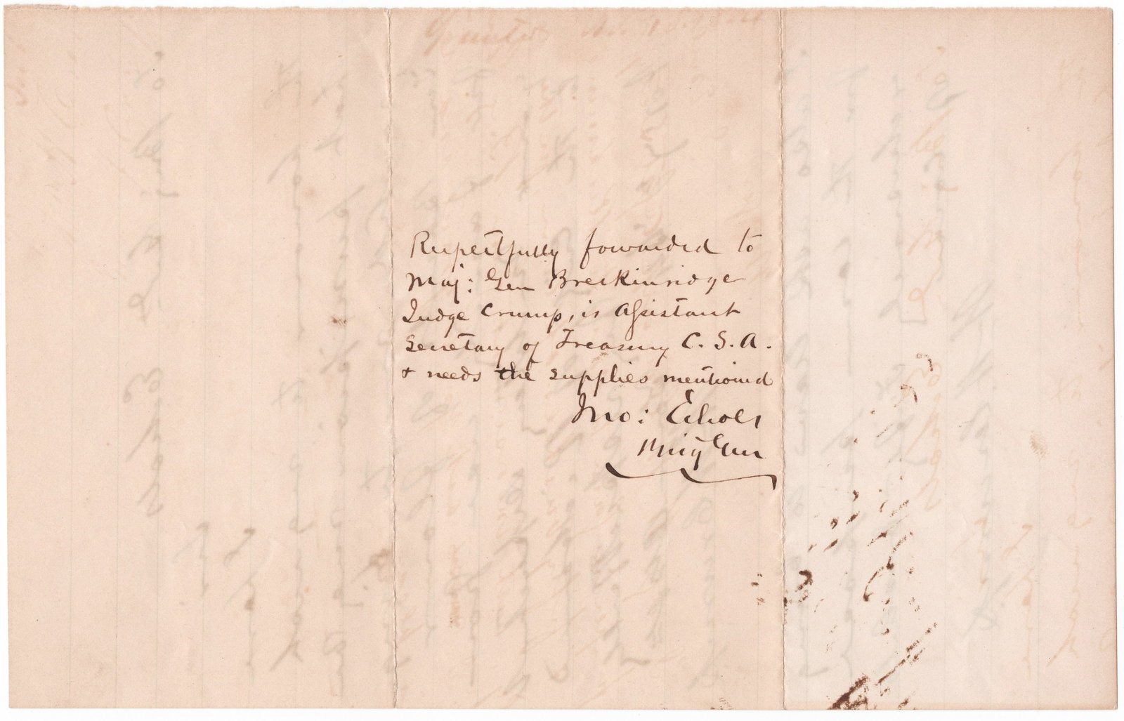JOHN F. ECHOLS: (1823 - 1896) Confederate brigadier general who served with Jackson and Loring, later succeeding Loring as commander of the Army of Southwest Virginia. A.E.S. on the verso of a war-date A.L.S.