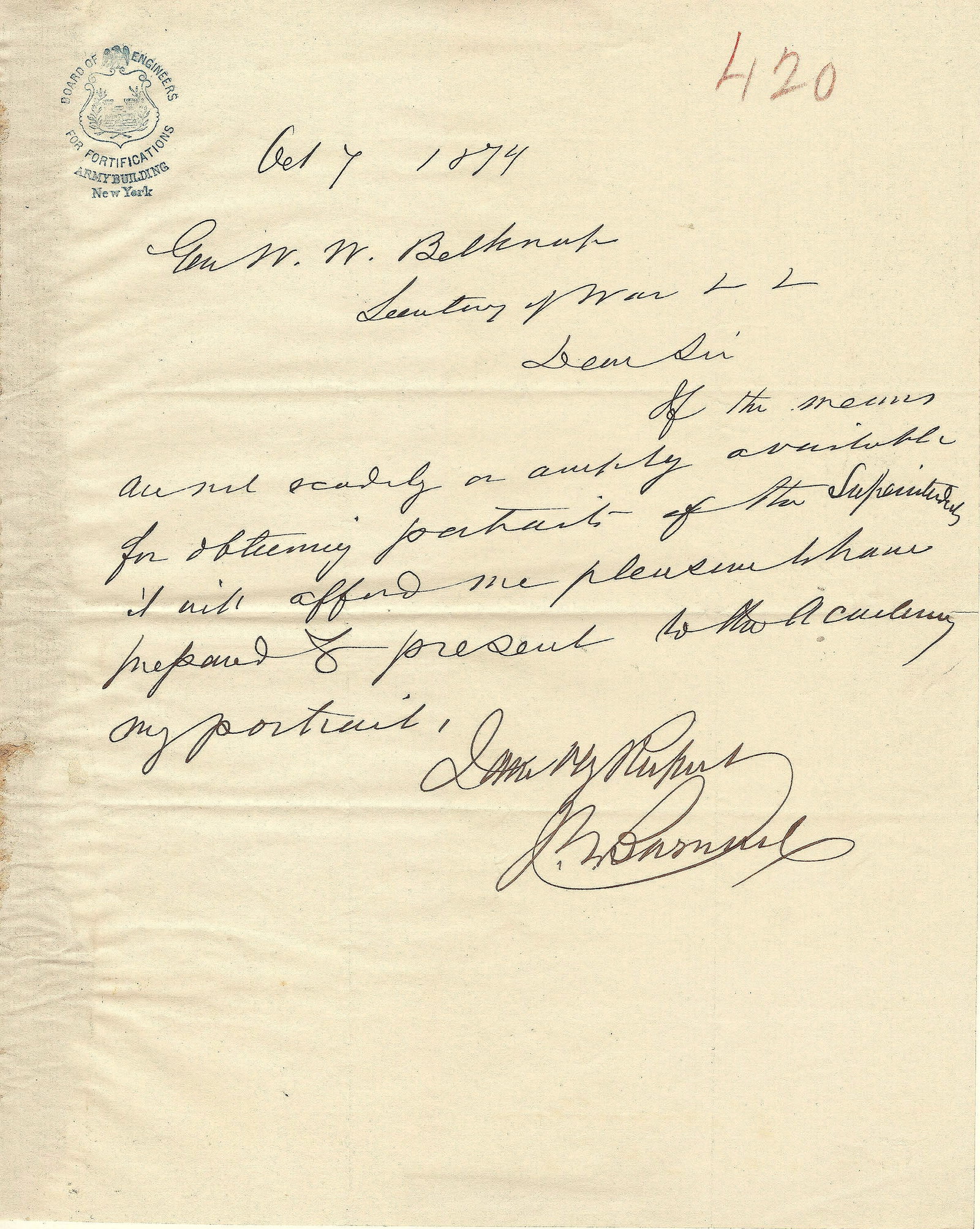 JOHN G. BARNARD: (1815 - 1882) Union brigadier general who was McClellan's and Grant's chief engineer. Cheeky A.L.S. 1p. 4to., [n.p.], Oct. 7, 1874, to Secretary of War Gen. WILLIAM M. BELKNAP, in part: ‘…