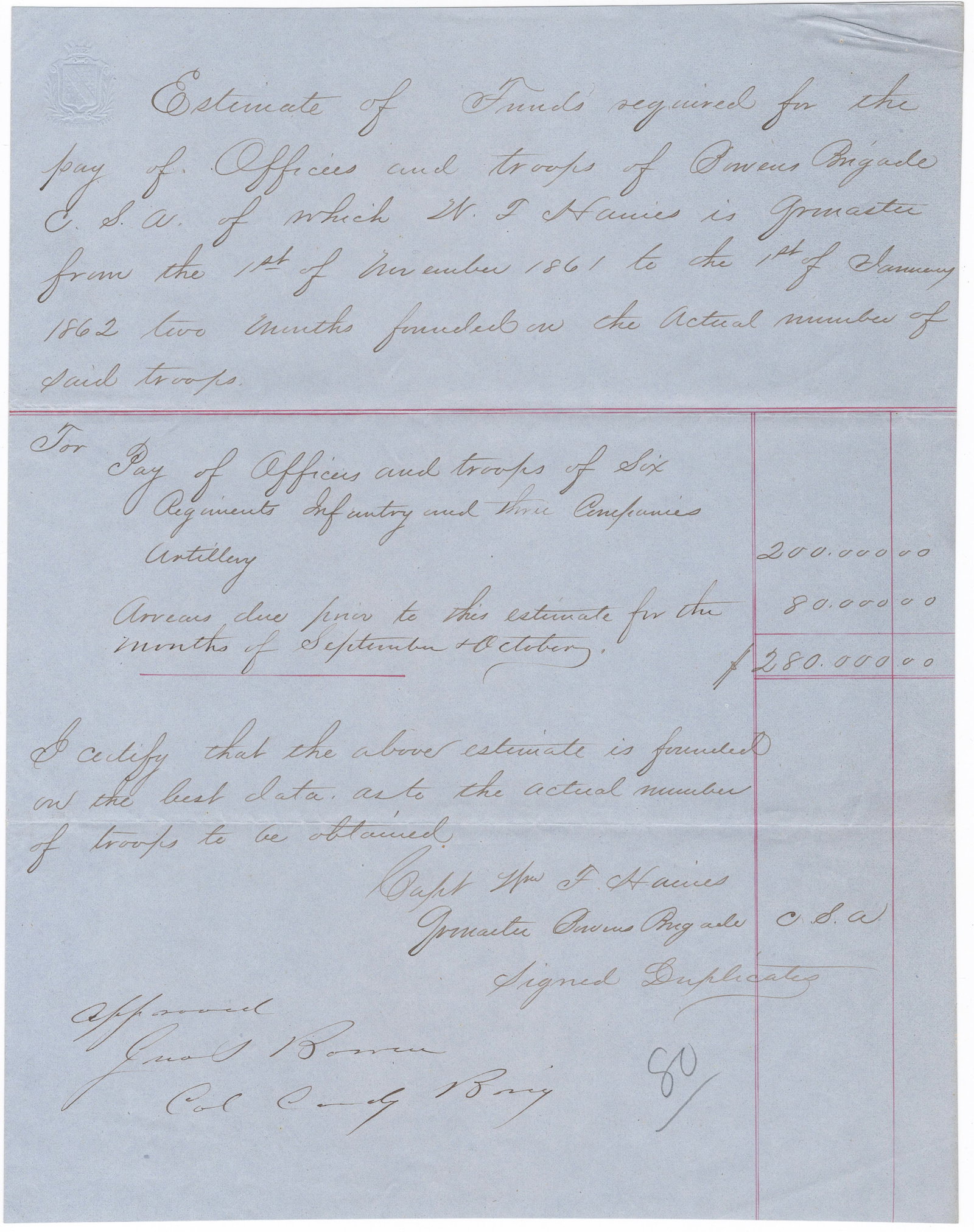 JOHN S. BOWEN AND WILLIAM J. HARDEE: Rare war-date document bearing autograph endorsements signed by two important Confederate generals. The manuscript document, 1p. 4to., is headed: ‘Estimate of funds required for the pay of