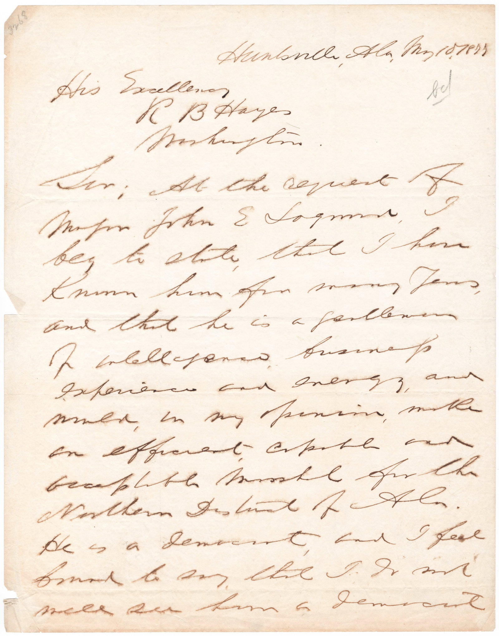 LEROY P. WALKER: (1817 - 1884) First Confederate Secretary of War, resigned in 1861 due to poor health and was made a brigadier general serving in Alabama and Florida. Fine association A.L.S., 1p. 4to., Huntsville,